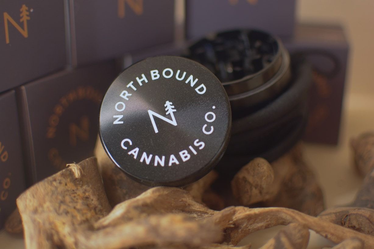 Close-up of branded Northbound Cannabis Co. product jar and packaging in Sudbury, Ontario