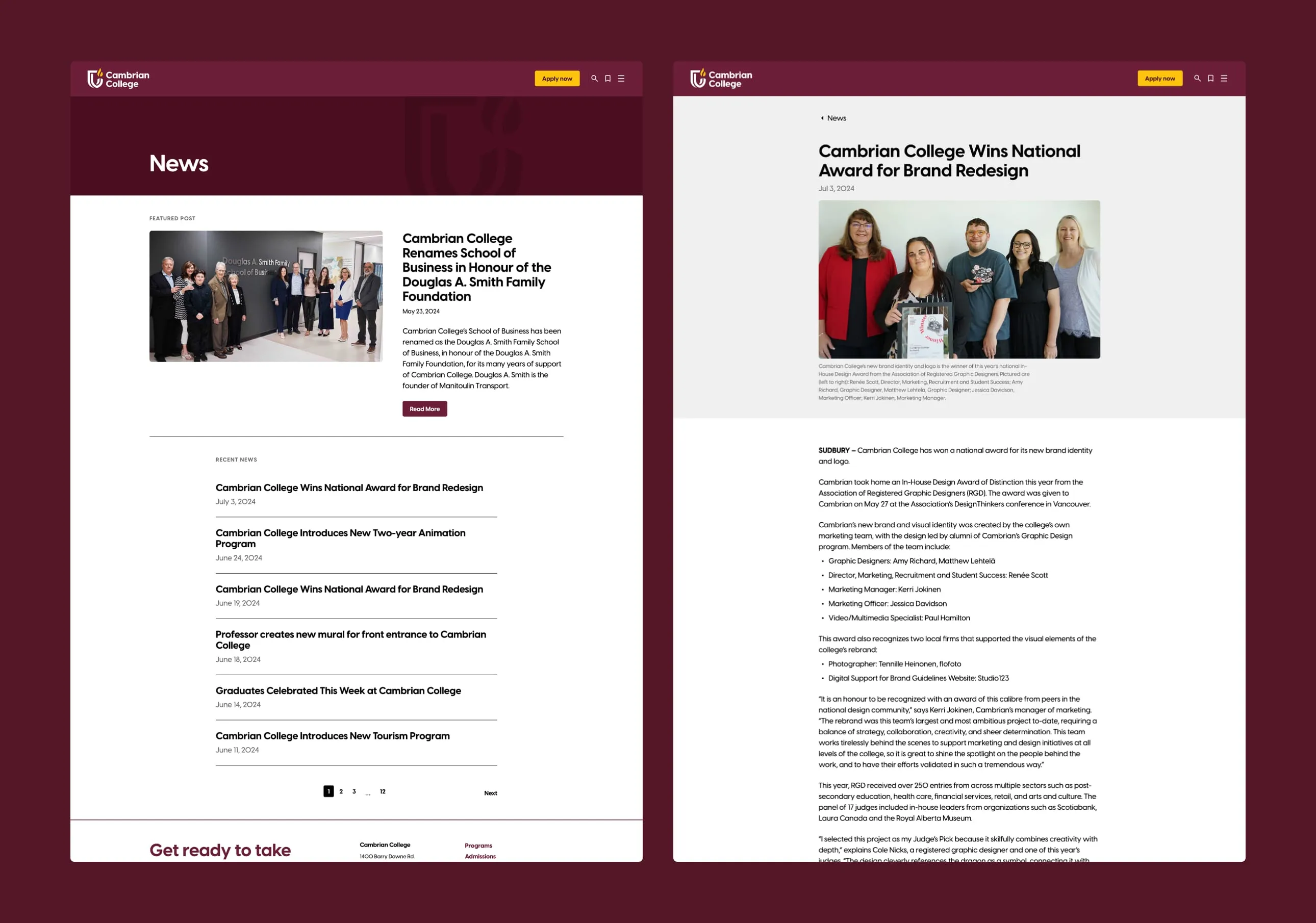 Examples of News pages on desktop