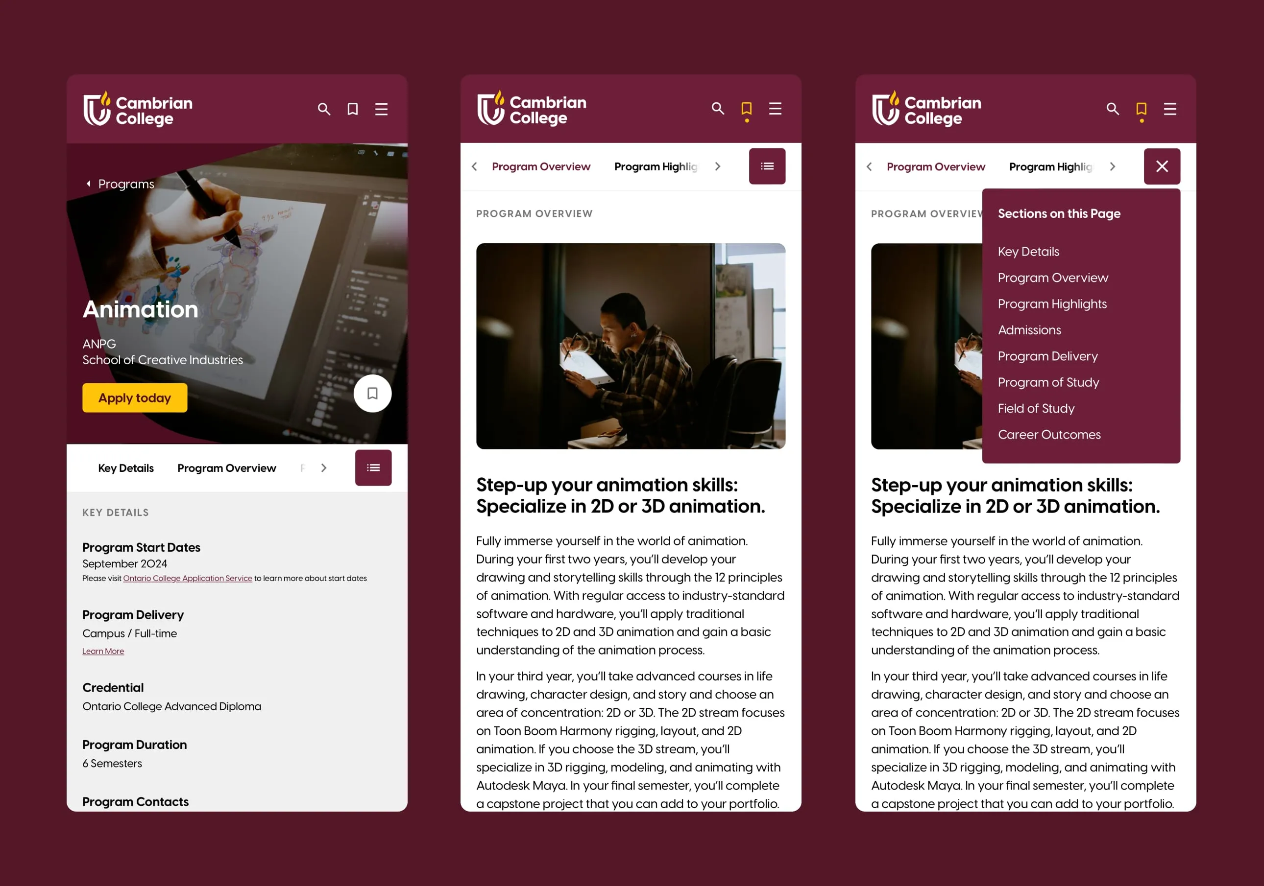 Mobile mockups showcasing in-page navigation