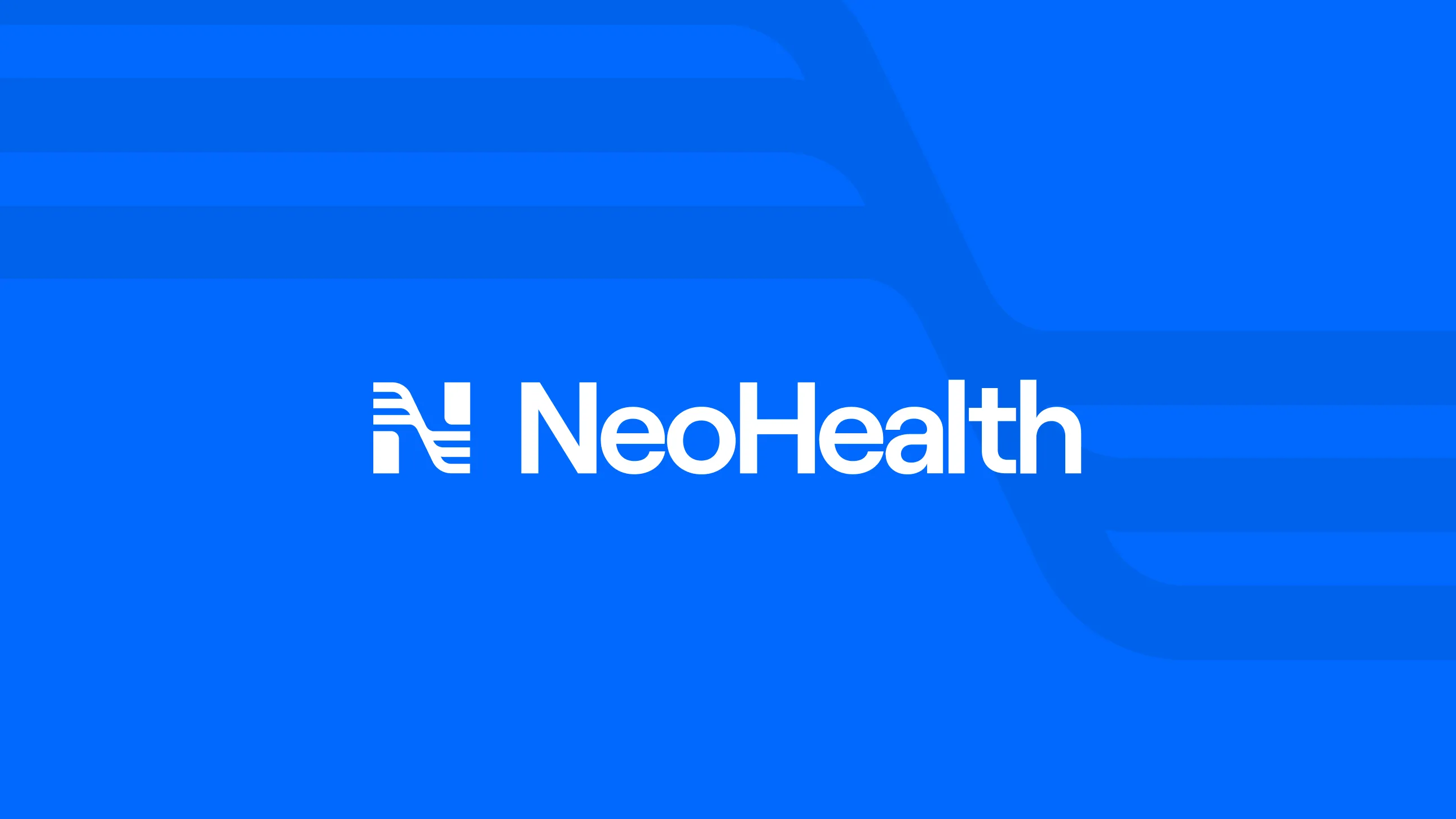 Clean, bold NeoHealth logo on a vibrant blue background. Smooth dark-blue curves communicate connection and care. 
