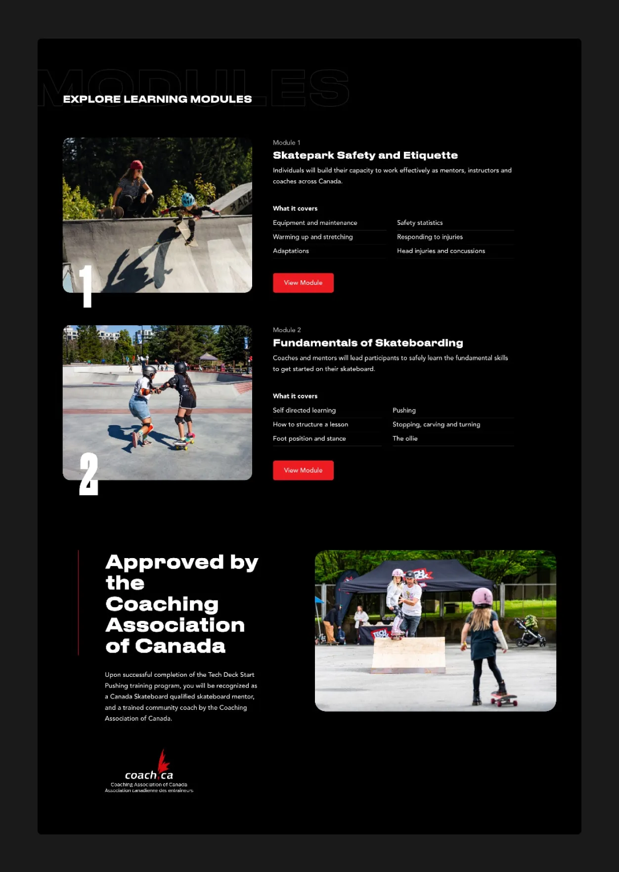 Screenshot of modules listing on Canada Skateboard's Tech Deck Start Pushing Training Program website