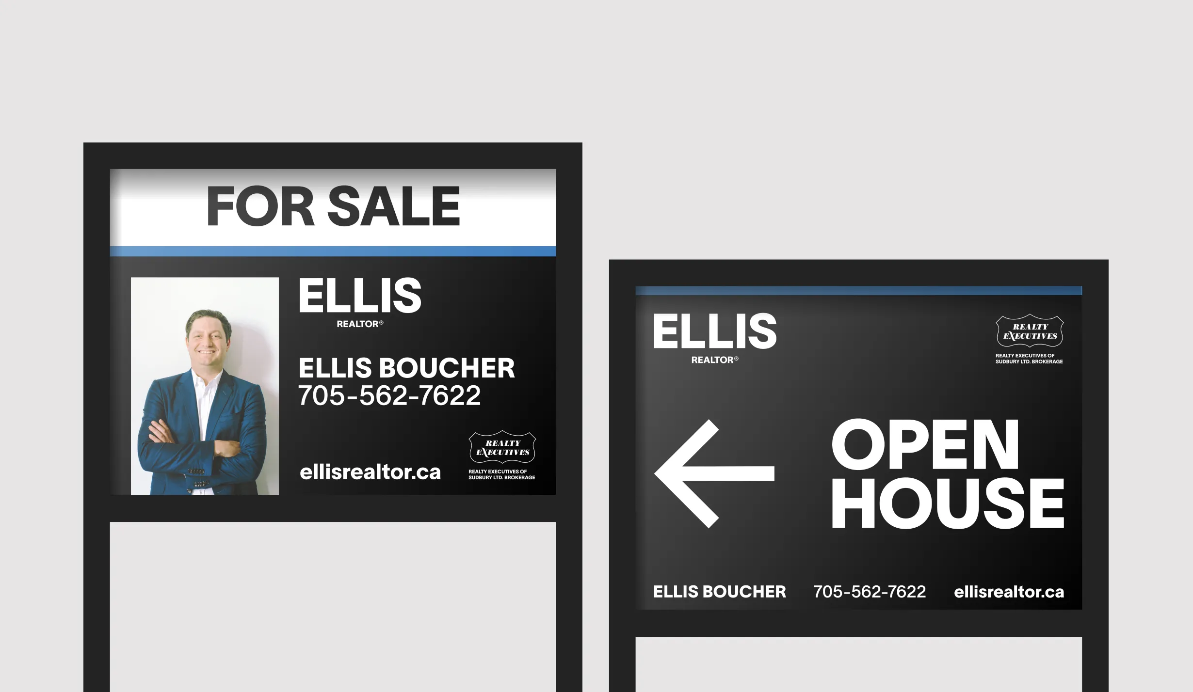 Two signs advertising an open house next to an Ellis Boucher real estate sign, highlighting available properties and agent information.