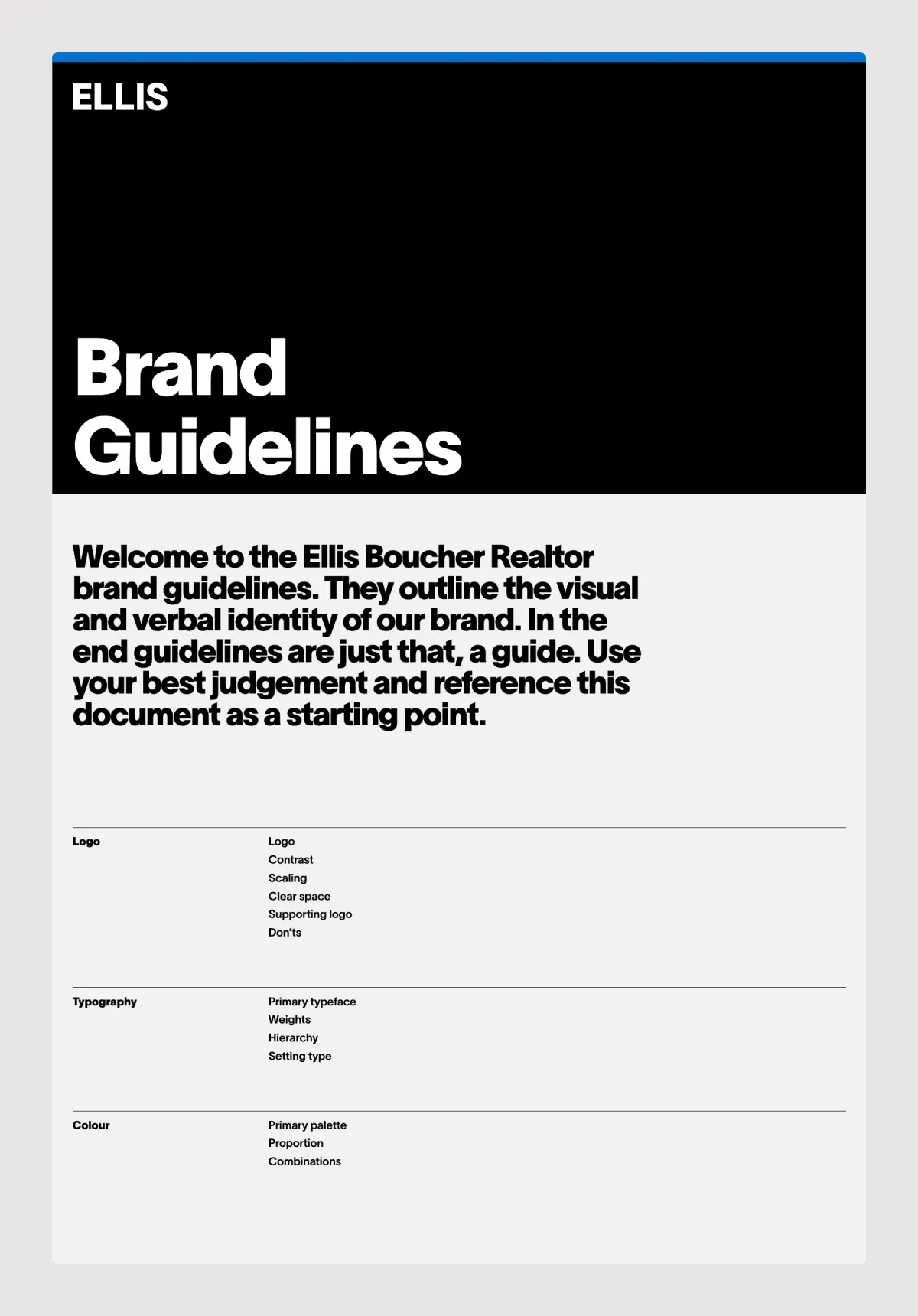 Brand guidelines webpage for Ellis Bochner Health, designed by Studio123, showcasing visual identity and standards.