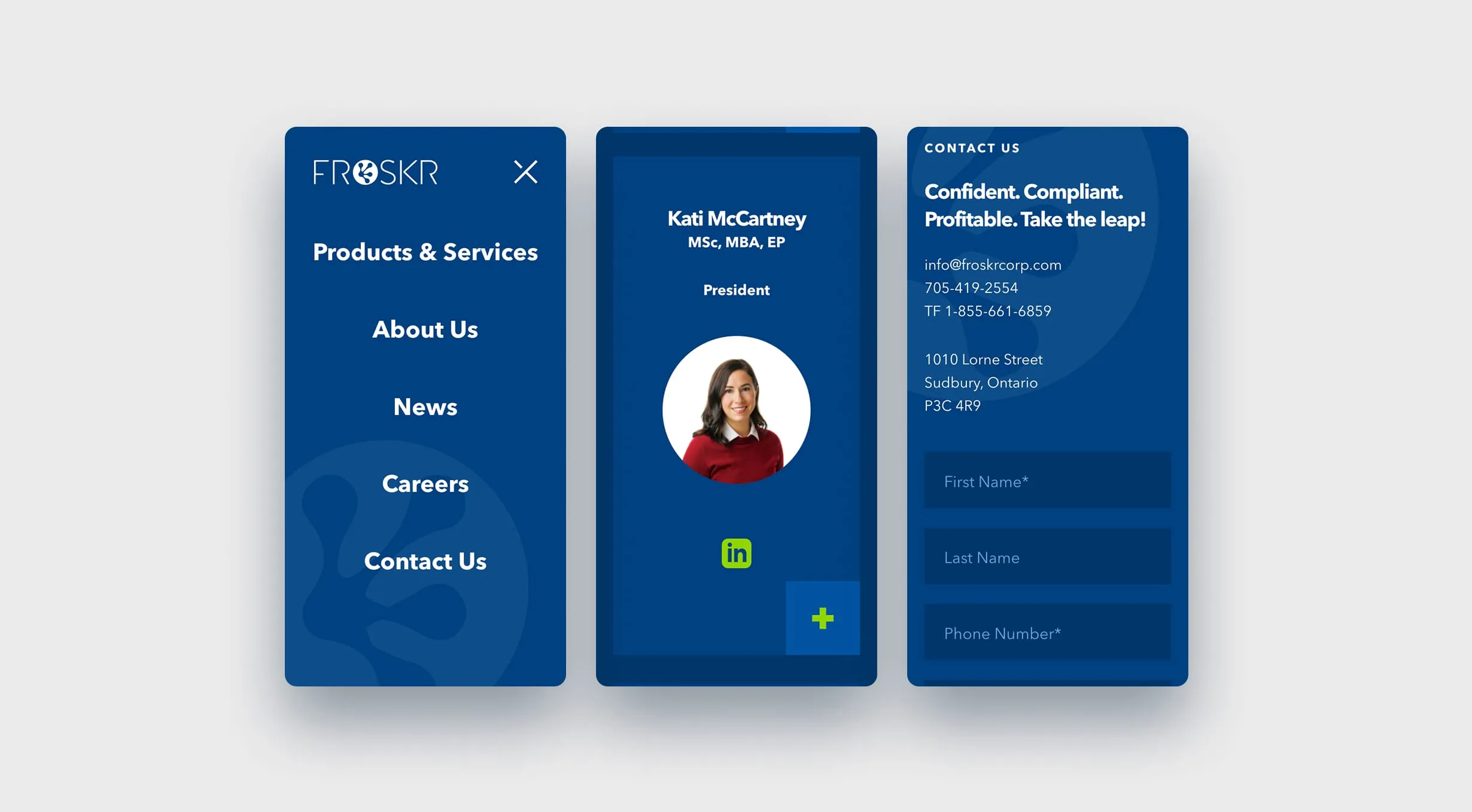 Series of mobile mockups from the FROSKR website