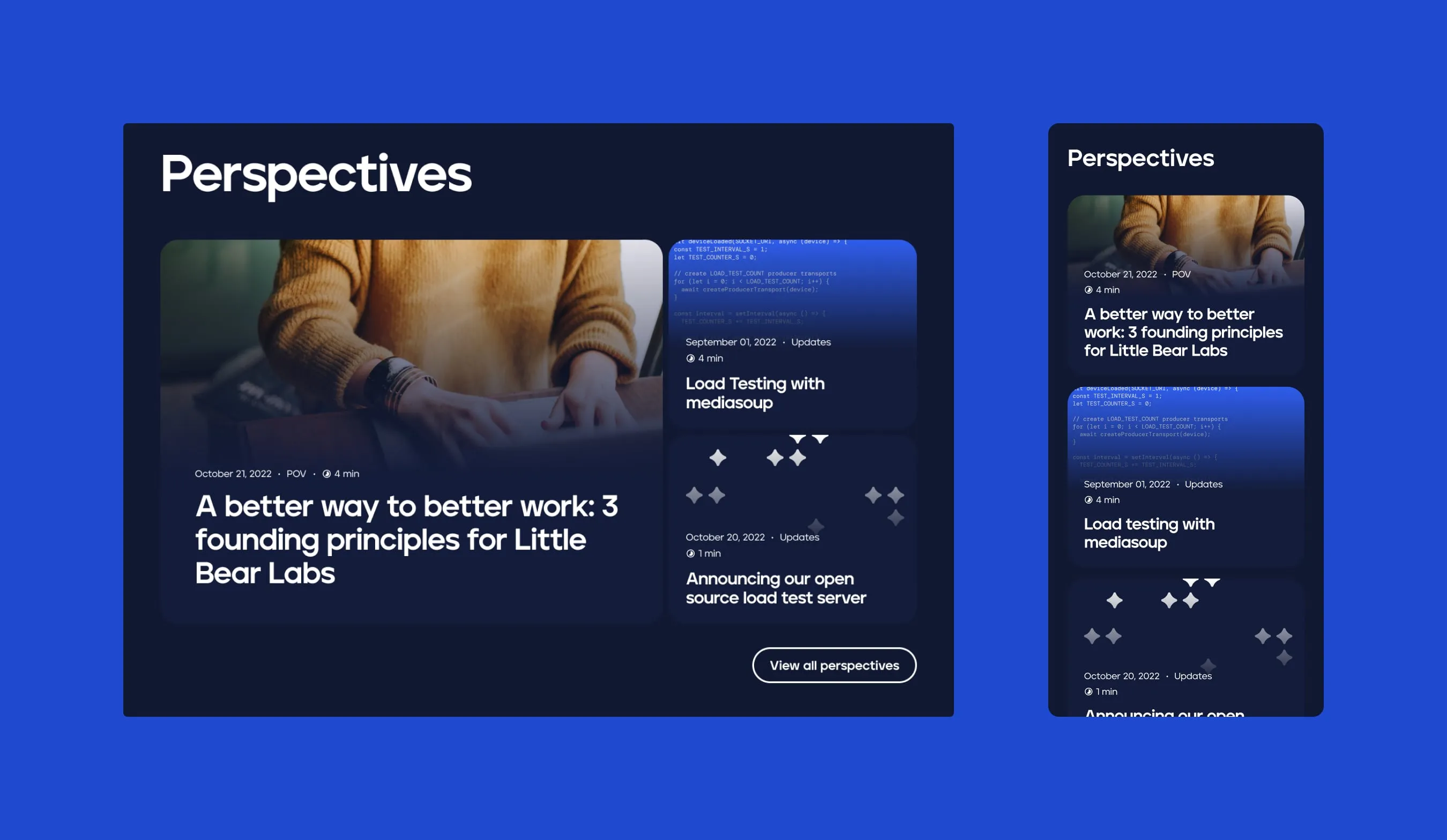 Mockup of Perspectives panel on Little Bear Labs in desktop and mobile views