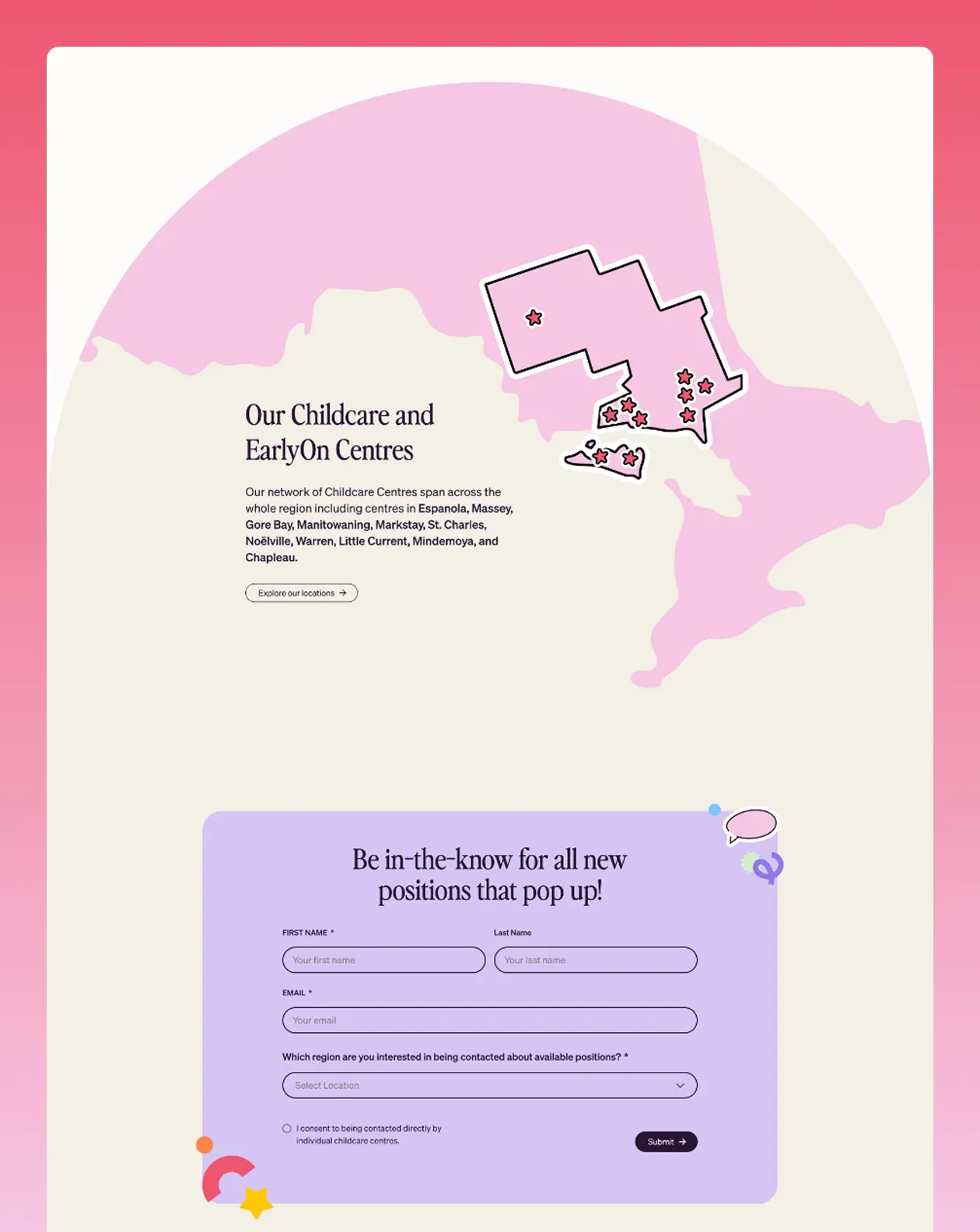 Screenshot from Playful Work website with centre locations animating into map
