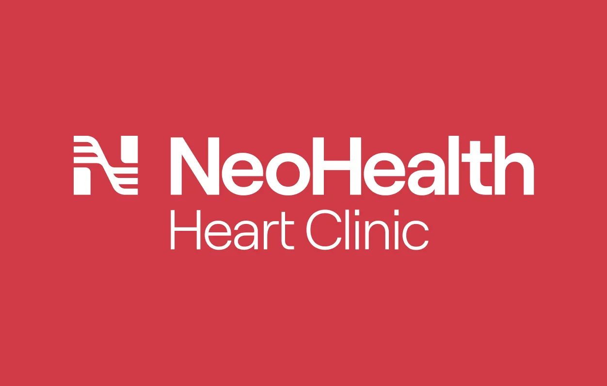 White NeoHealth Heart Clinic sub-brand on red background.