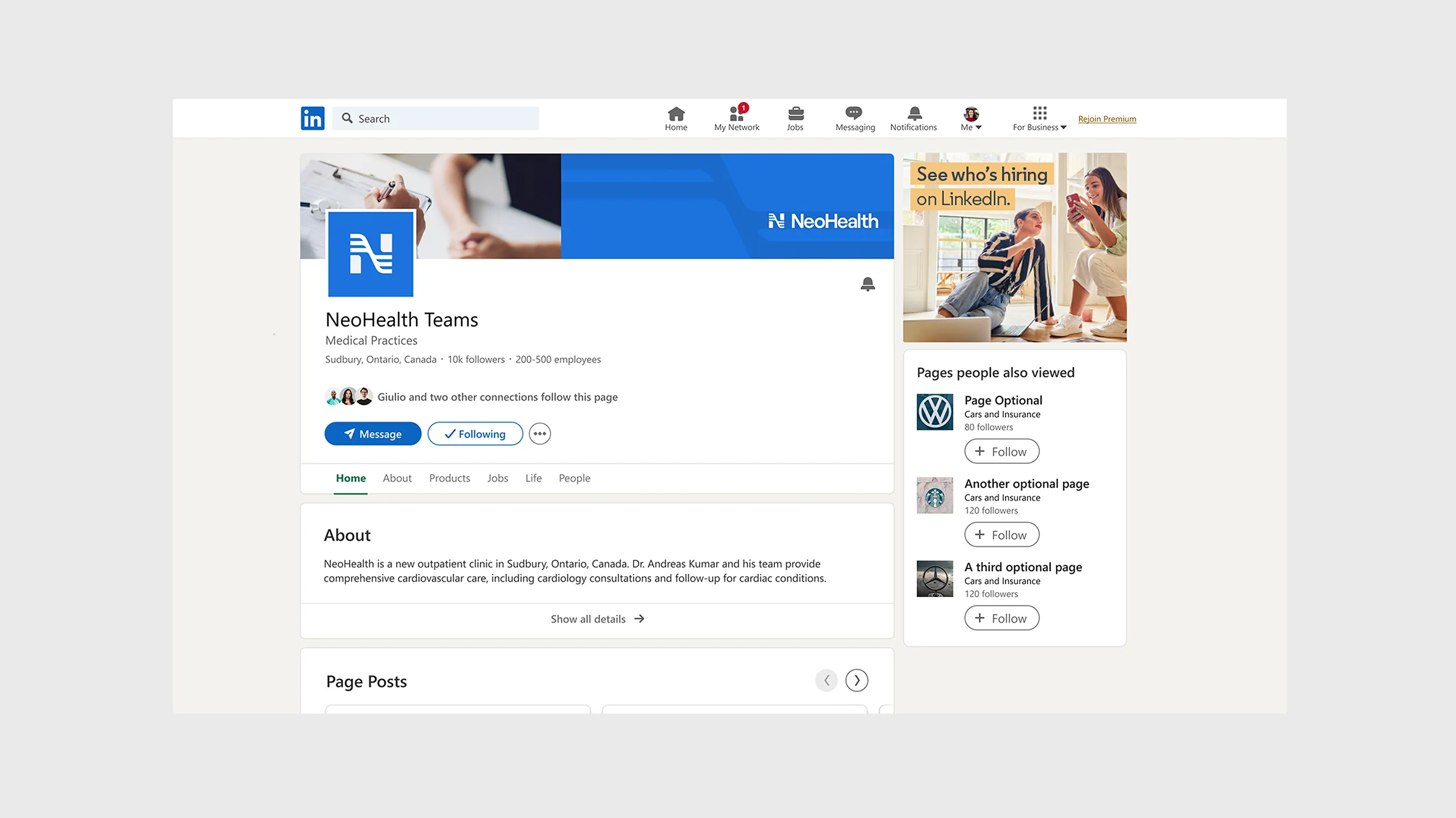 Branded LinkedIn profile for NeoHealth Teams