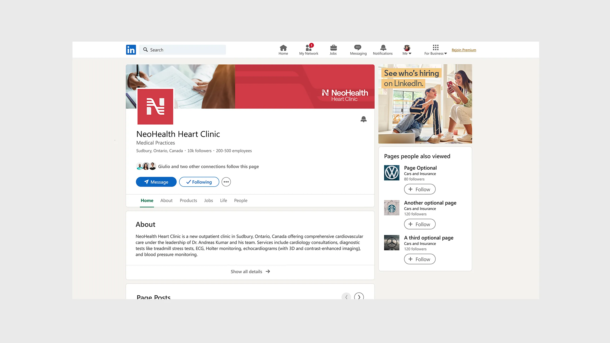 Branded LinkedIn profile with NeoHealth branding