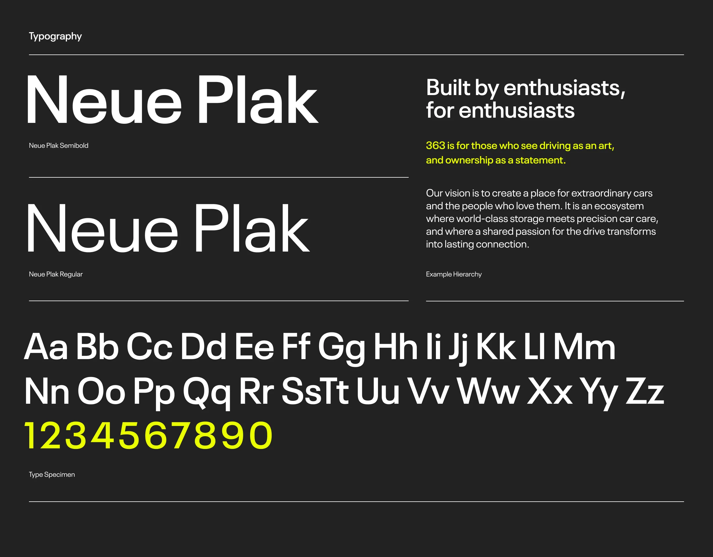 Typography selections for 363 Car & Social Club