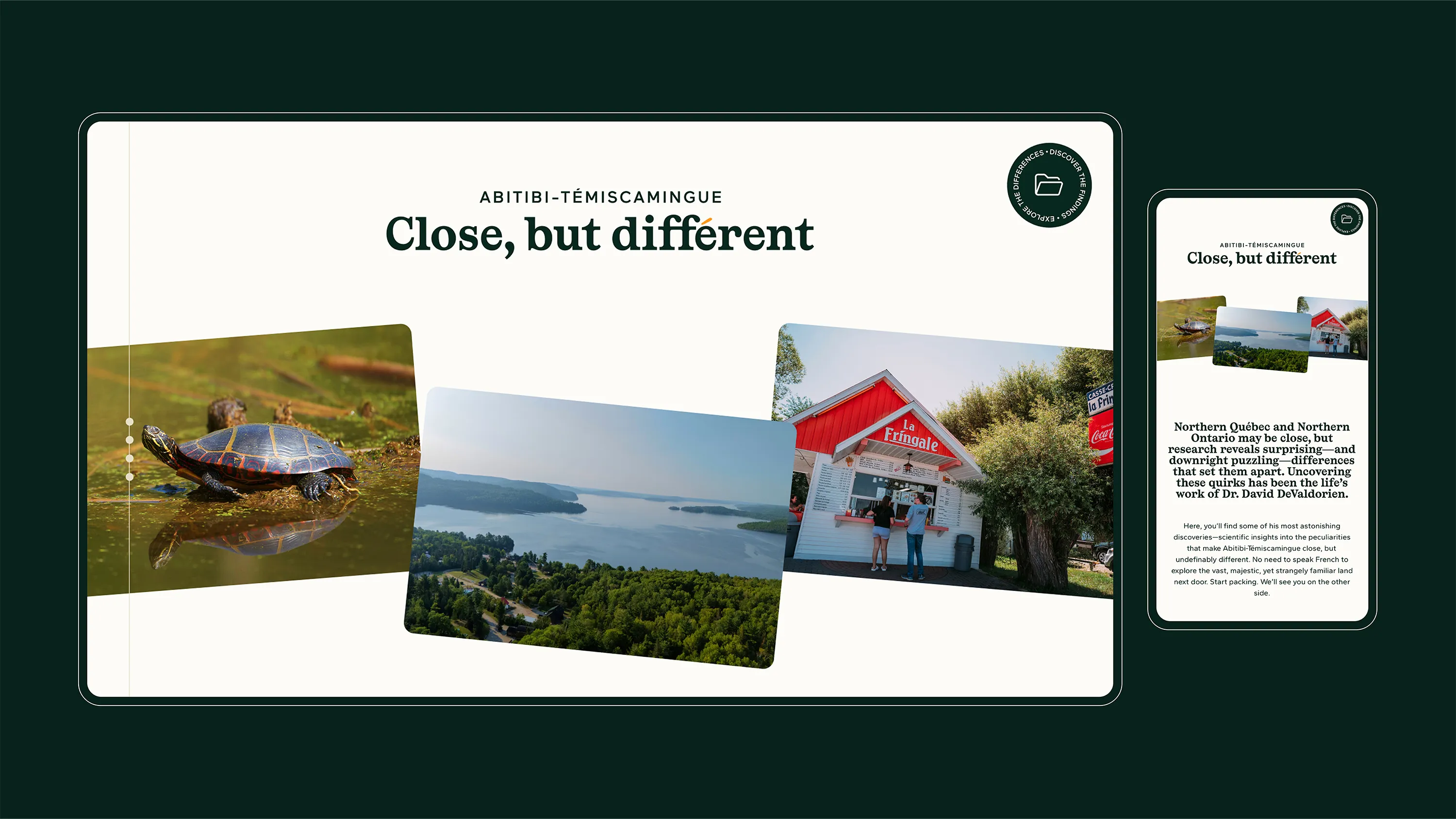 Impact area from closebutdifferent.ca homepage on desktop and mobile.