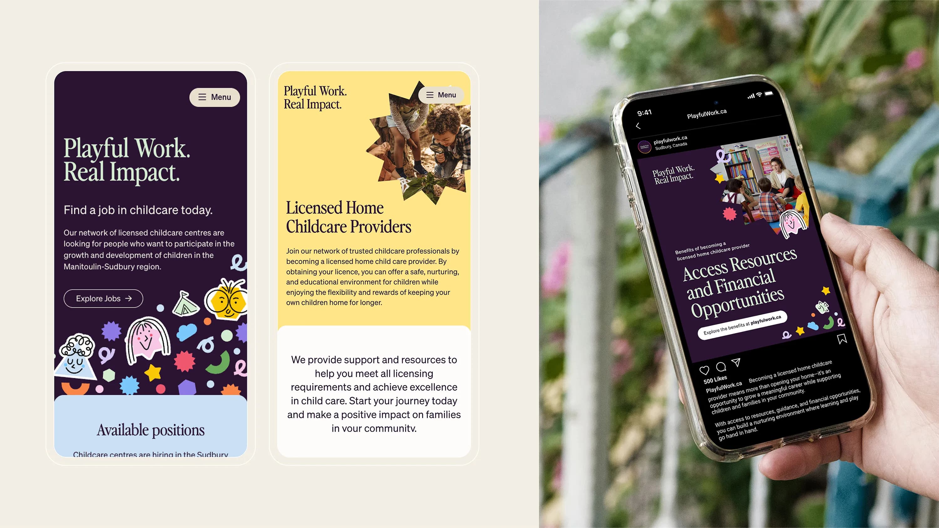 Various mobile screens from Playful Work. Real Impact. website.