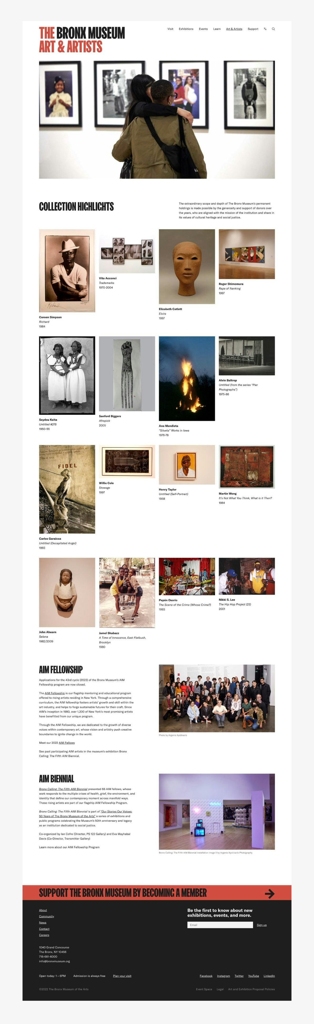 Mockup of the Art & Artists page on the Bronx Museum website