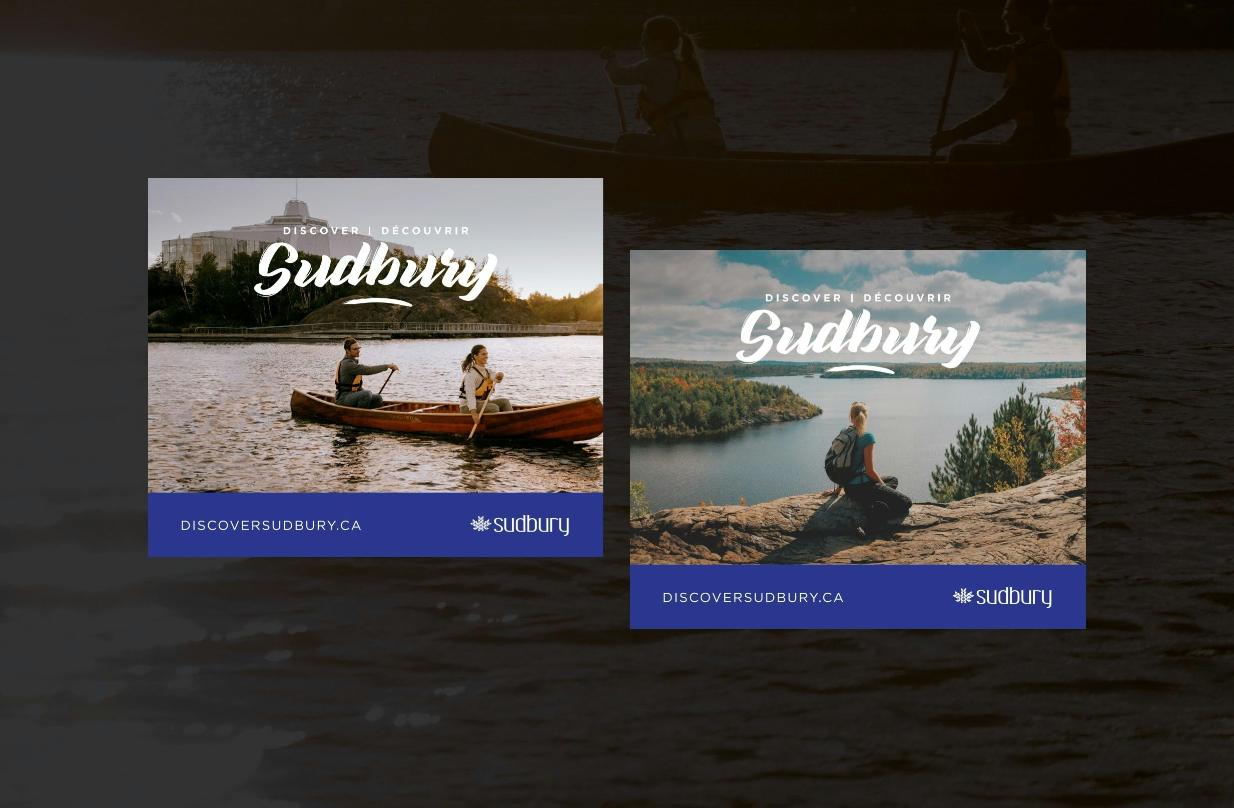 Side by sides examples of Explore Sudbury branded billboards featuring the outdoors