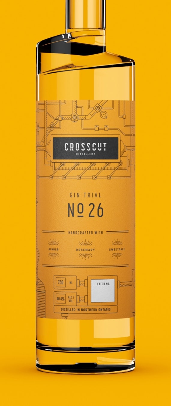 3D model of Crosscut Distillery's No. 26 Gin bottle with yellow labels affixed