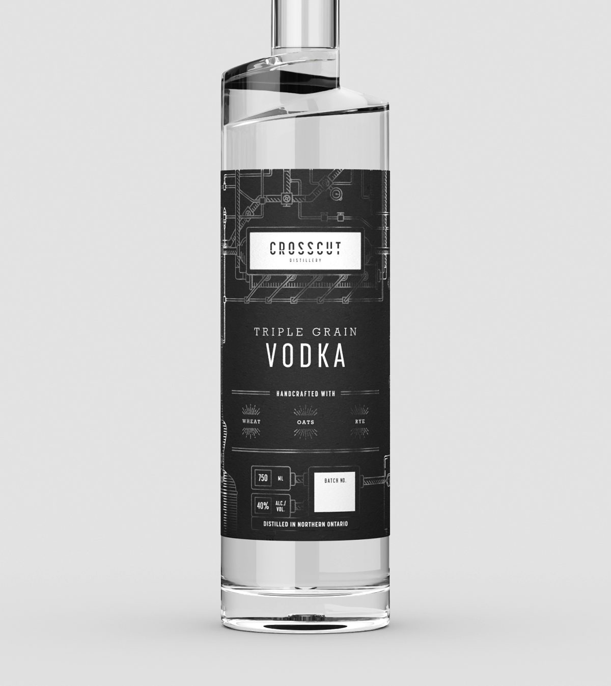 3D model of Crosscut Distillery's Triple Grain Vodka bottle with dark labels affixed