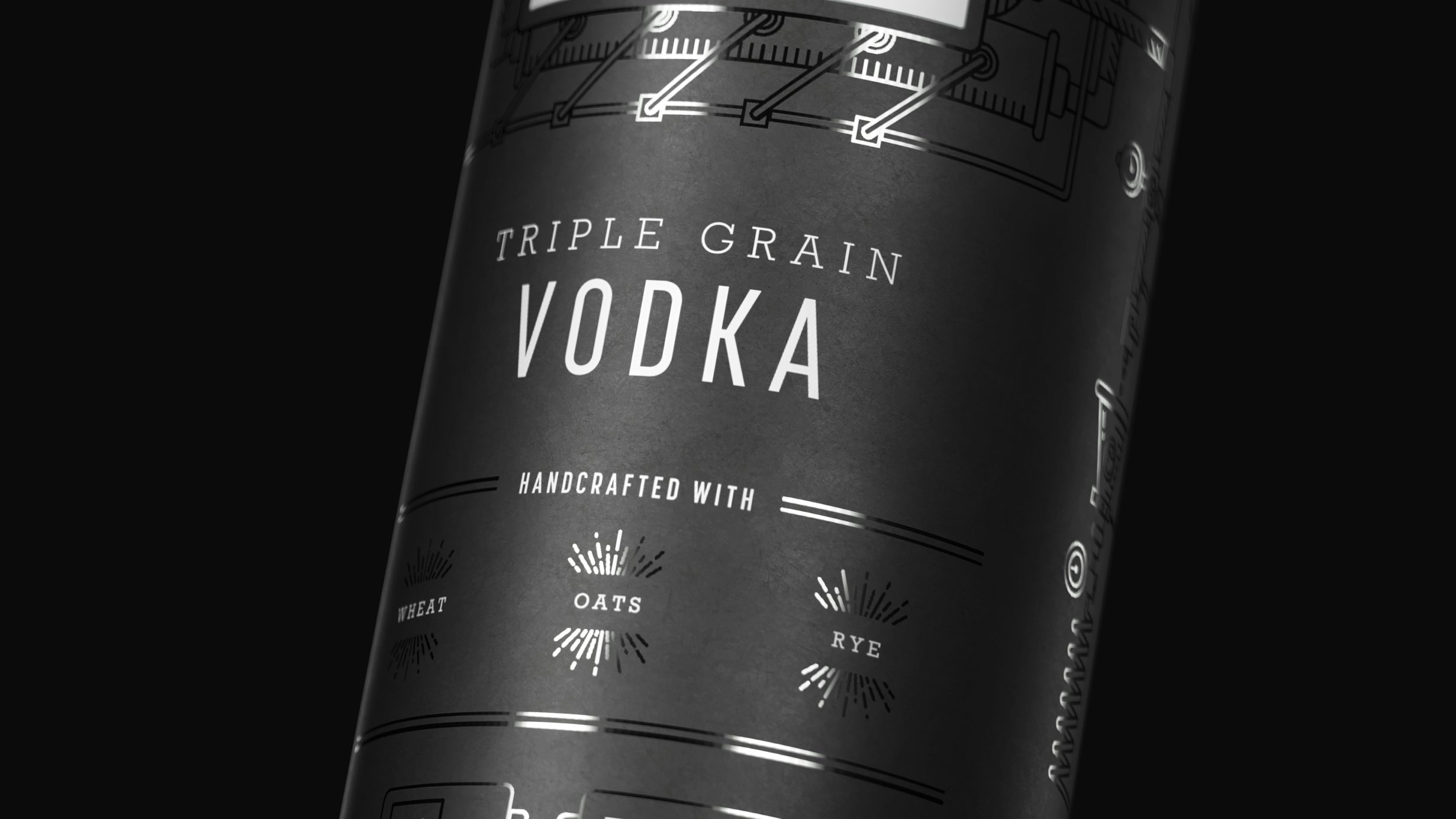 Black Triple Grain Vodka label rotating with light shining off the label, exposing reflecting ink on label details