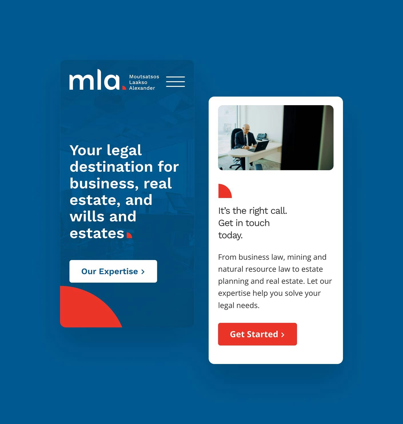Side by side mobile mockups from MLA Law website