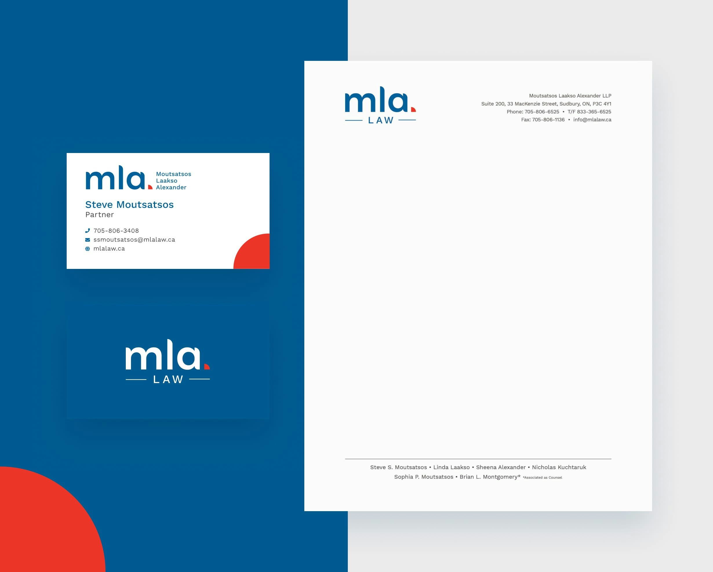 Branded business cards and letterhead for MLA Law