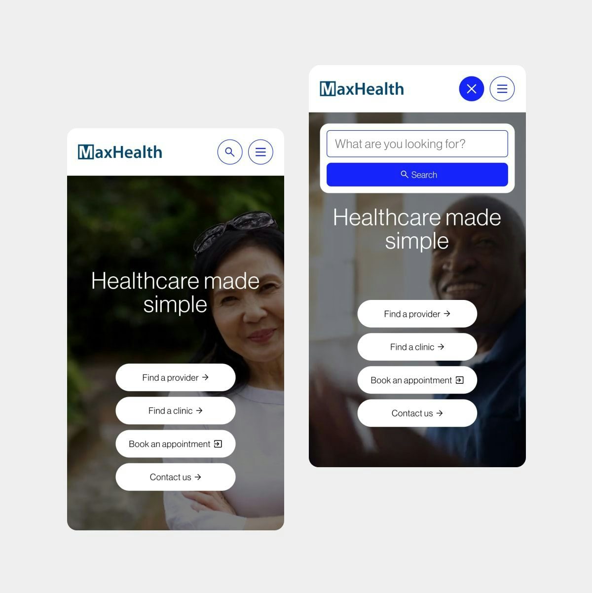 Side by side mobile mockups of MaxHealth website homepage