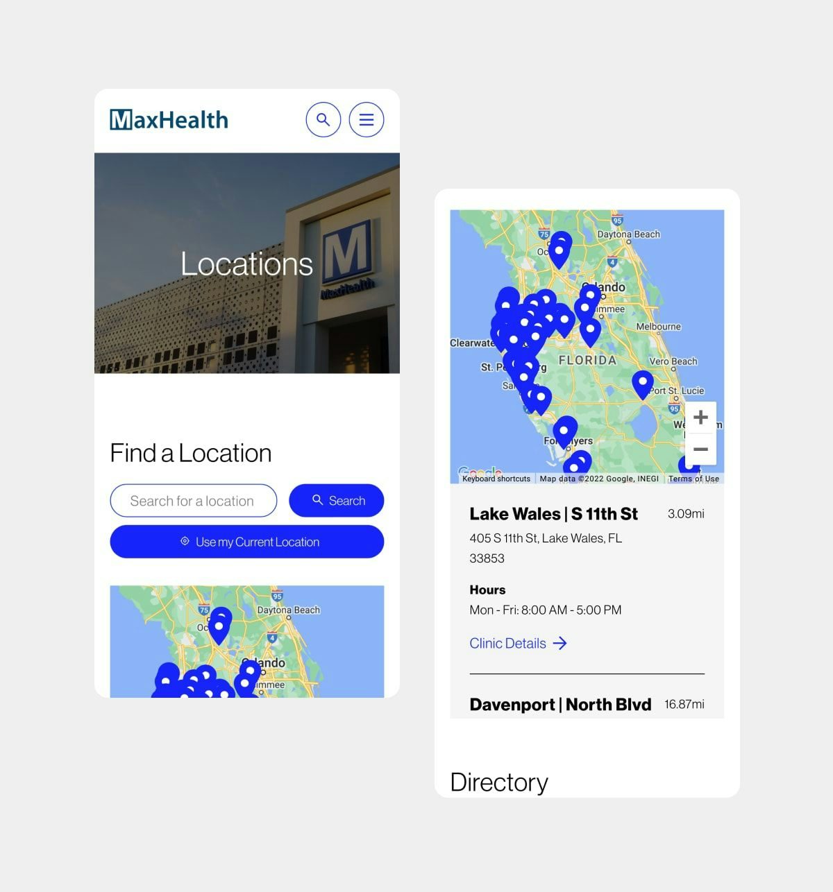 Side by side mobile mockups of MaxHealth's location page