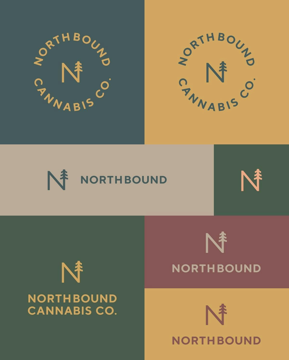 Grid of Northbound Cannabis Co. logo applications using an extended colour palette