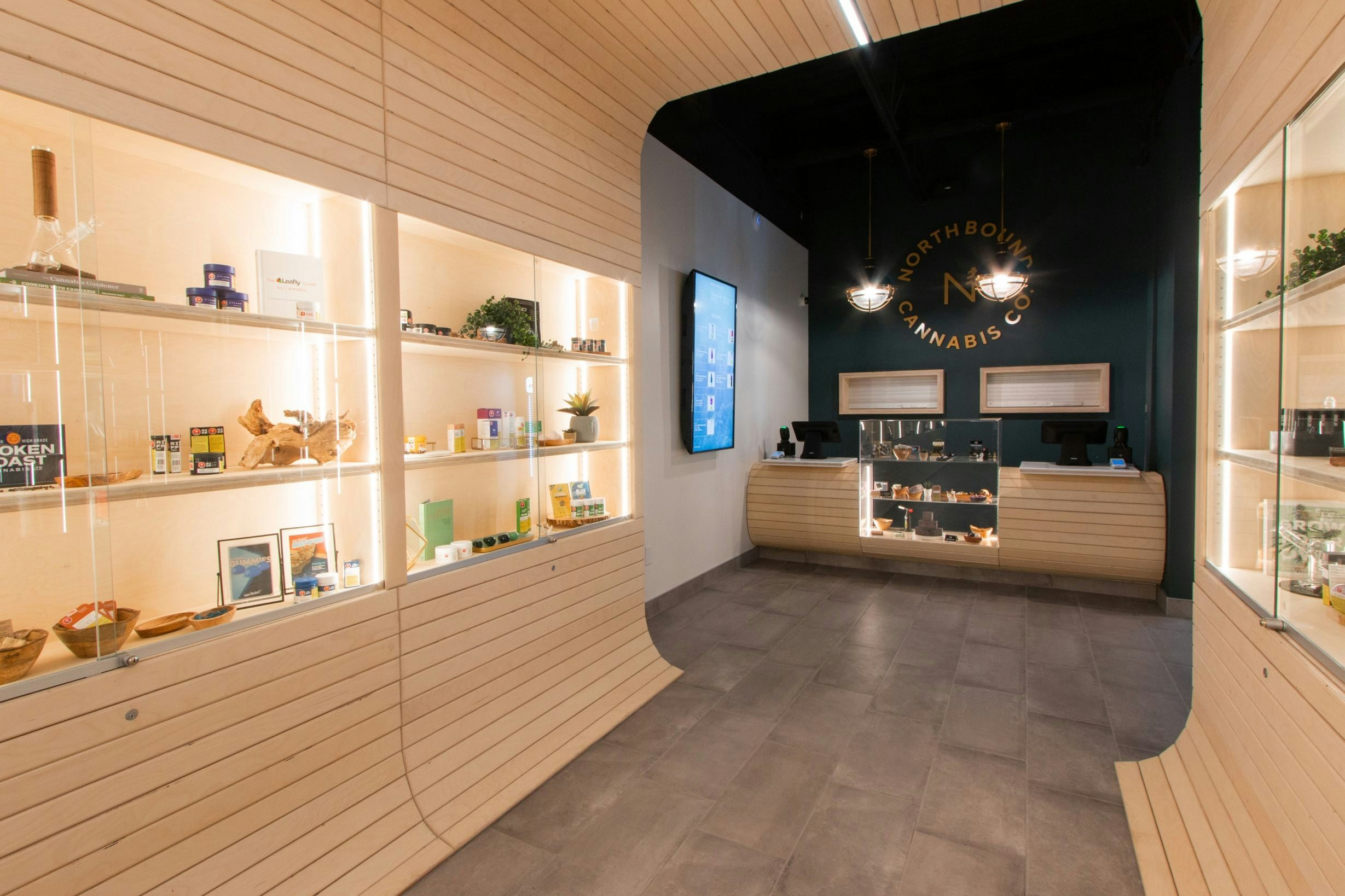 Custom interior and branded front desk area at Northbound Cannabis Co. in Sudbury, Ontario