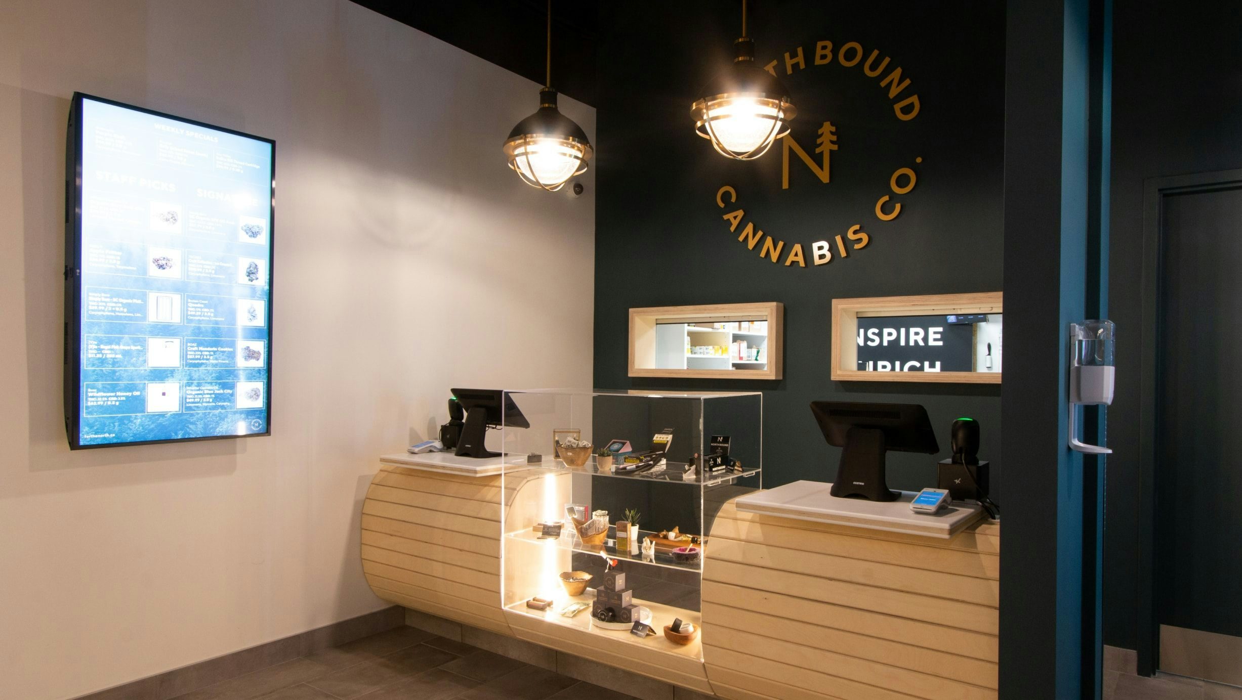 Branded front desk area at Northbound Cannabis Co. in Sudbury, Ontario
