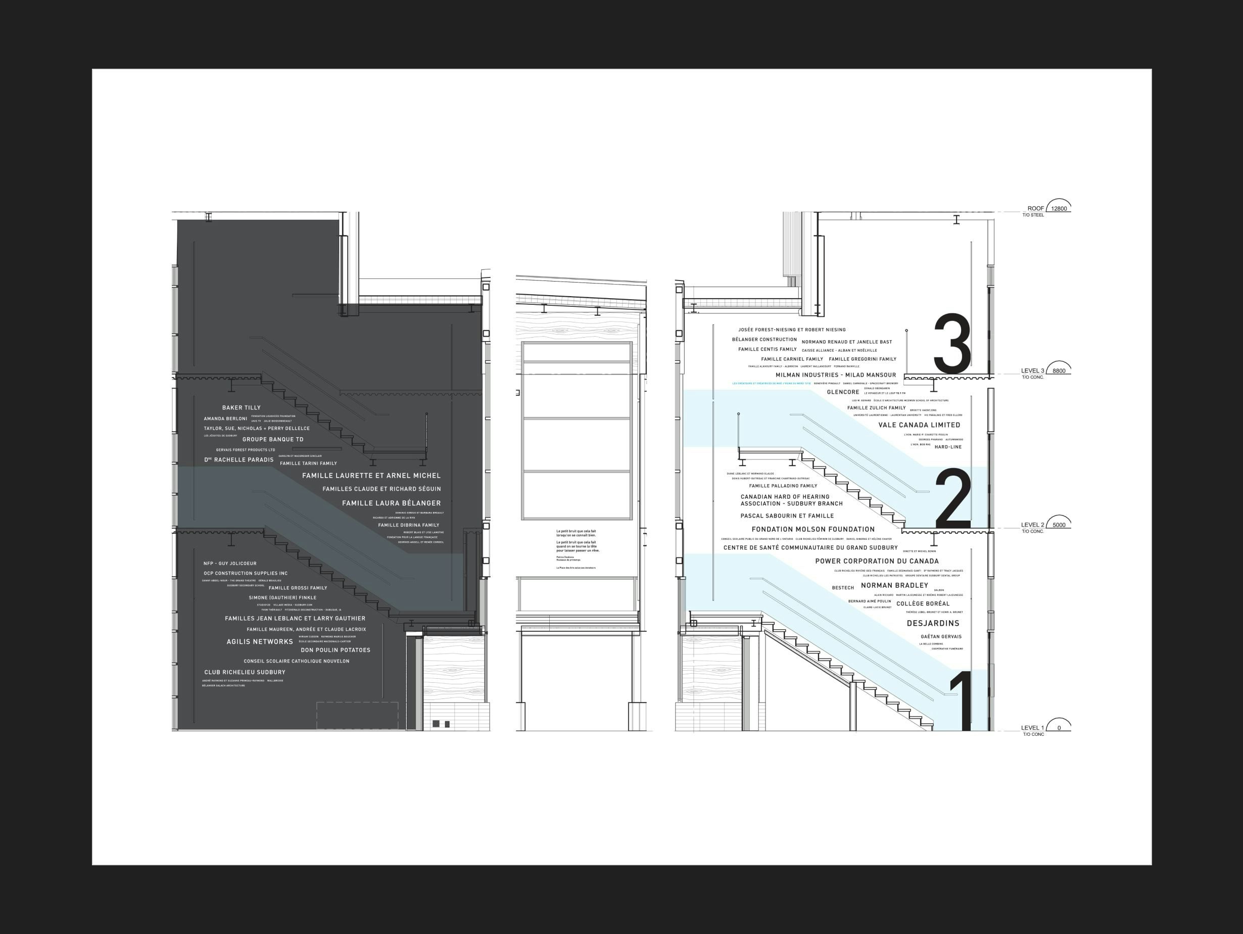 Flat design schematics for donor wall at Place des Arts