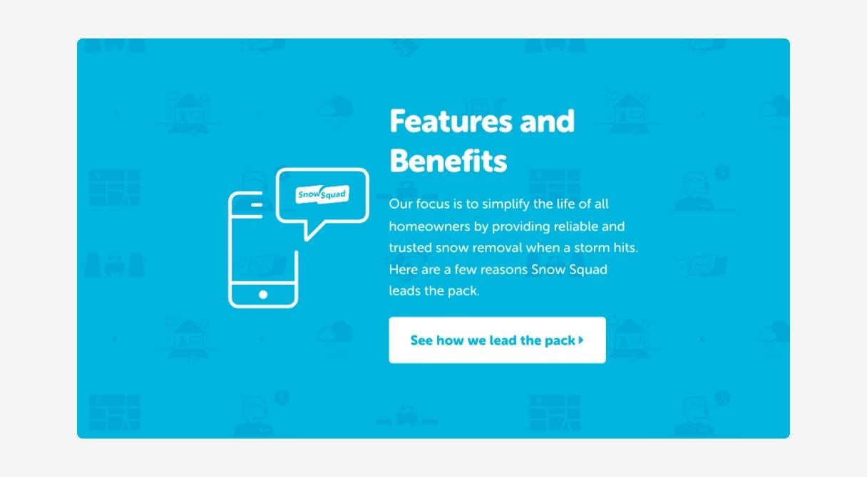 Features and Benefits panel from Snow Squad website