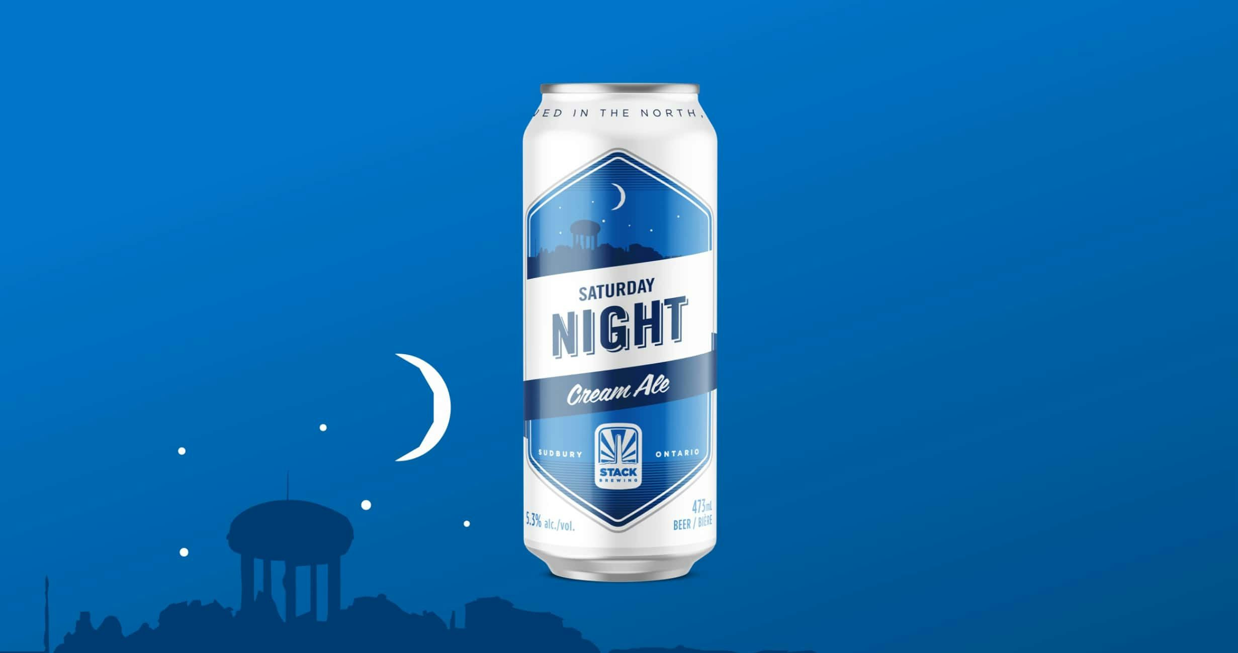 Blue Saturday Night Stack Brewing can packaging design