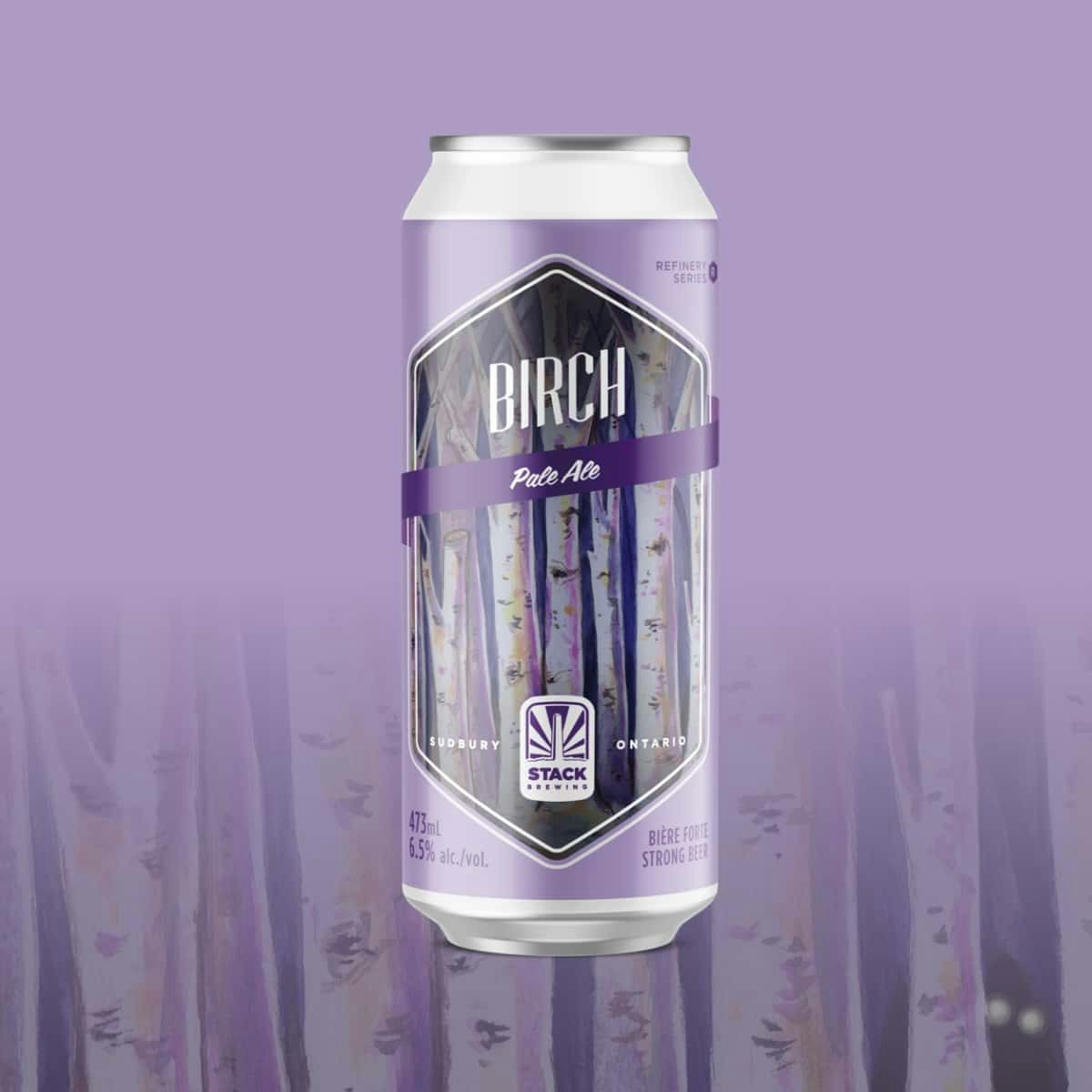 Purple Birch Stack Brewing can packaging design