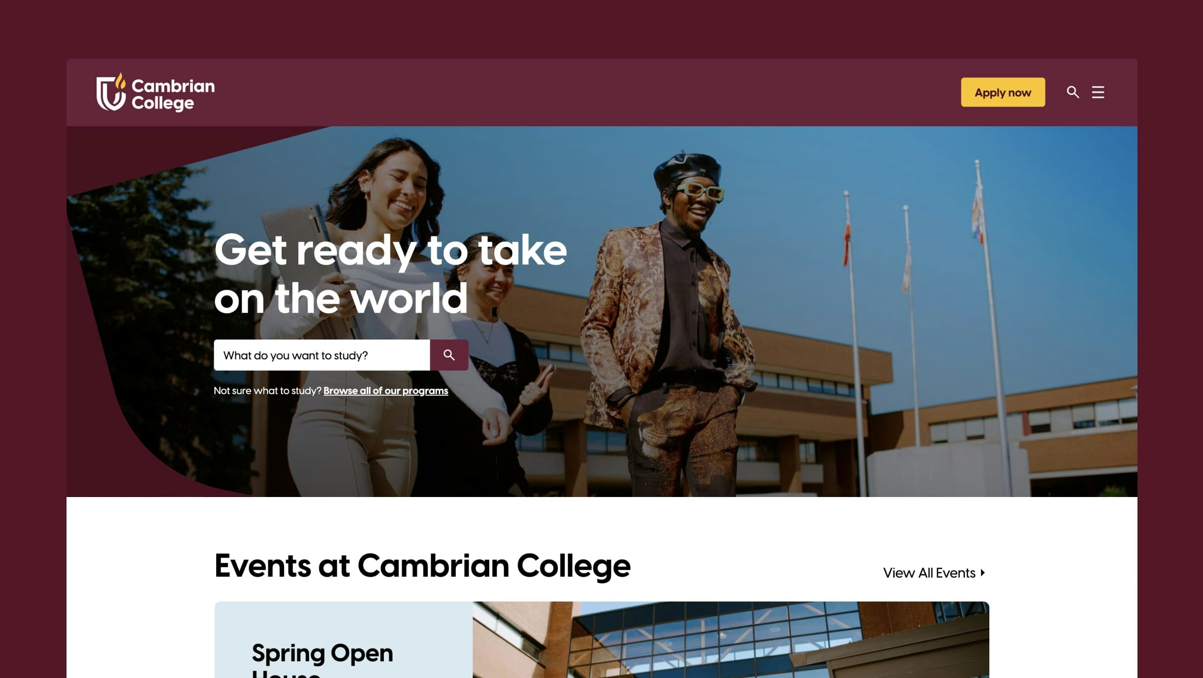 Featured image of Cambrian College homepage on desktop