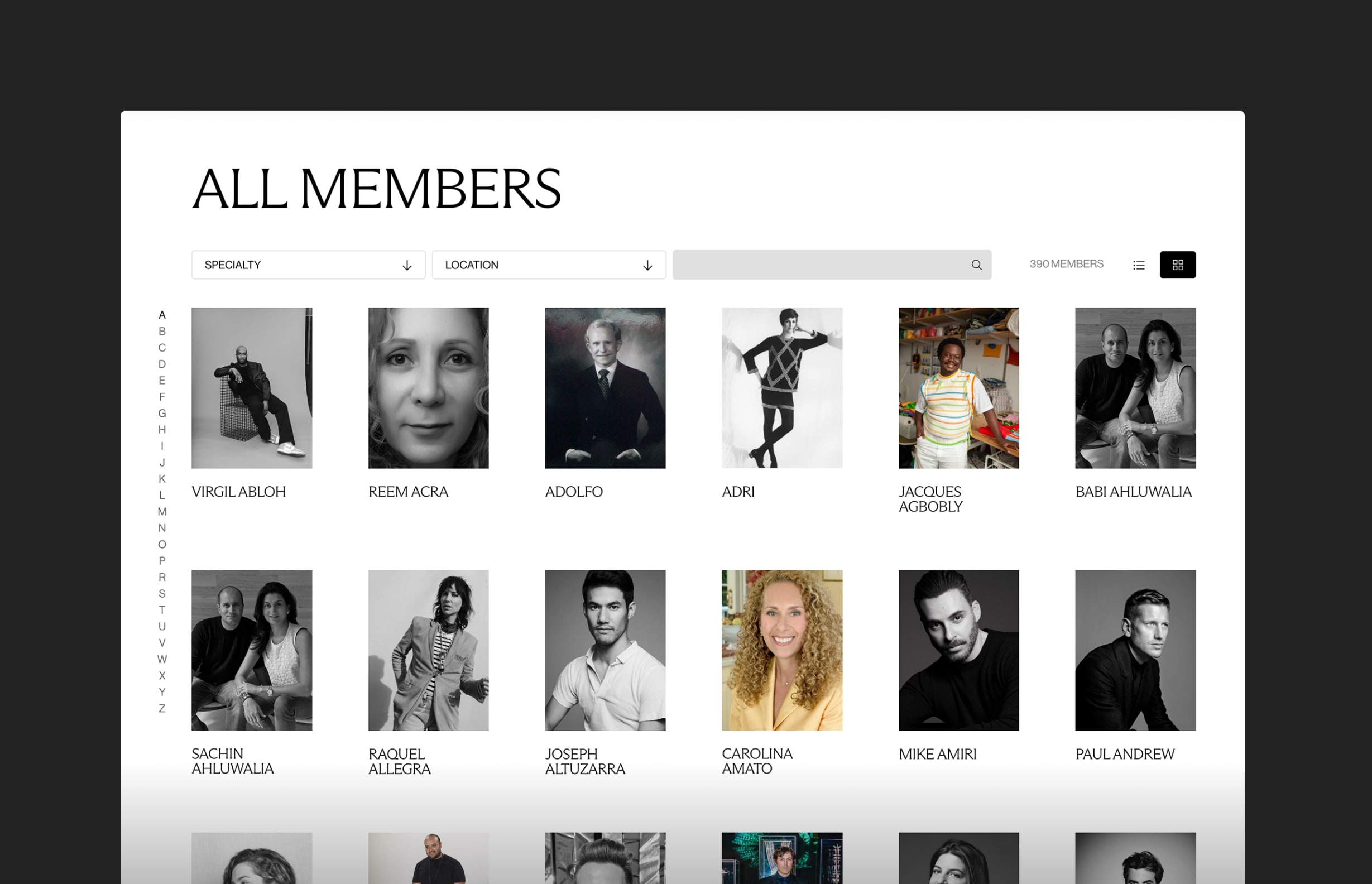 Screenshot of CFDA Member Directory with filtering system