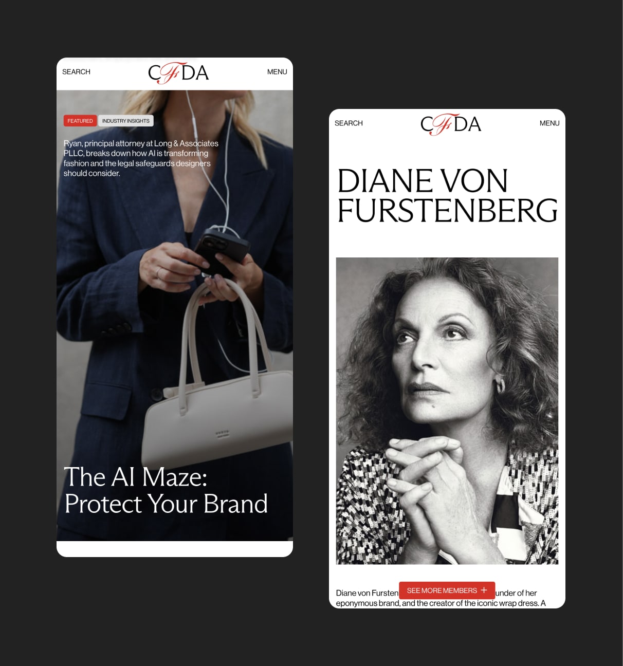 Examples of mobile pages on CFDA website including Diane Von Furstenberg bio page