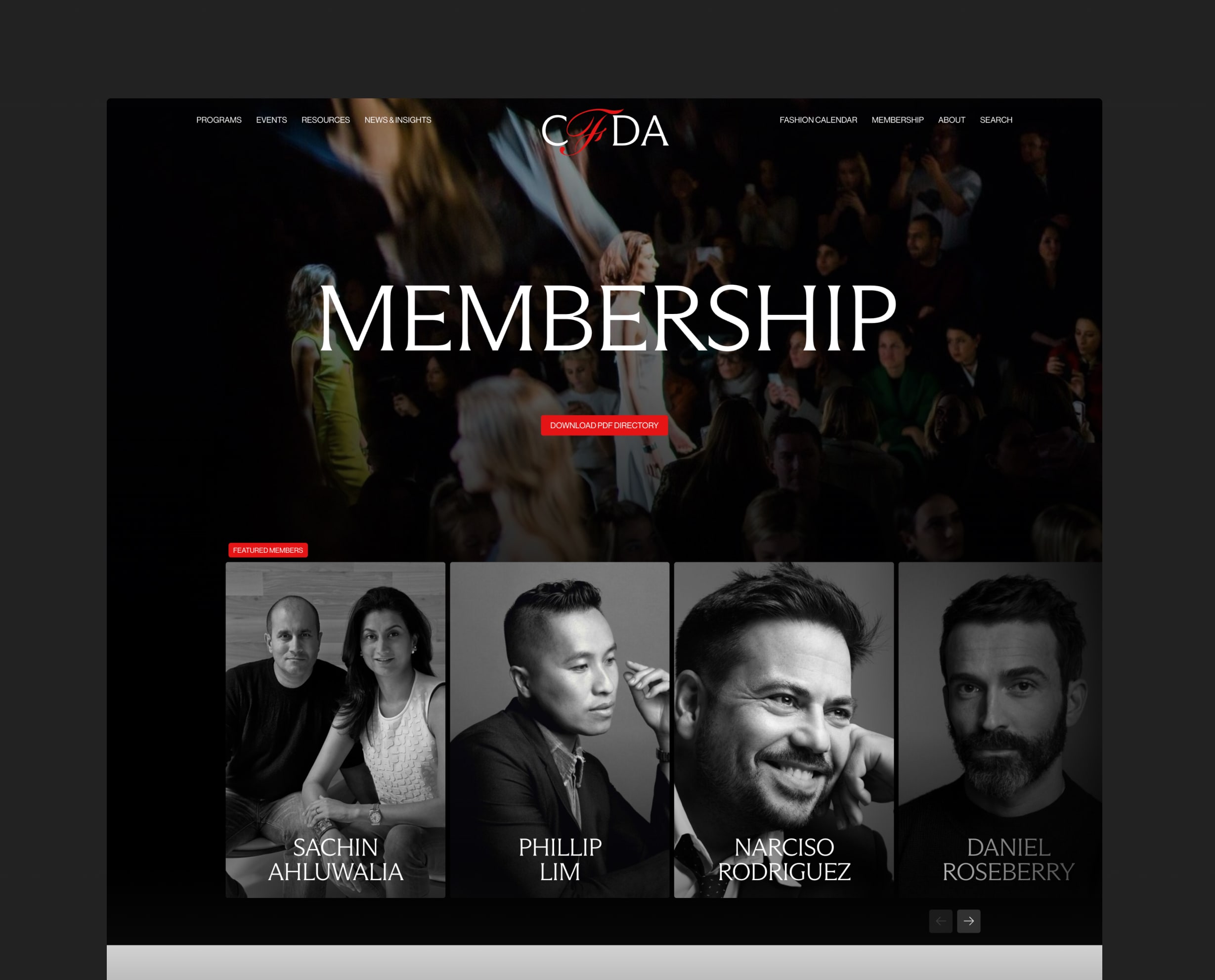 Screenshot of Membership section on CFDA website with various new users spanning the screen