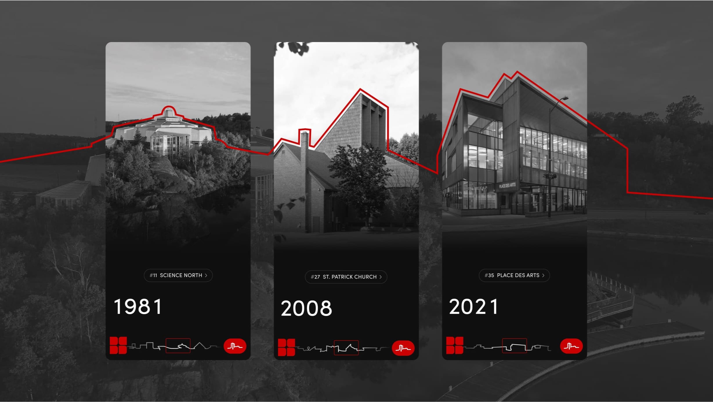 Three mobile screens with line drawing out roofline of buildings
