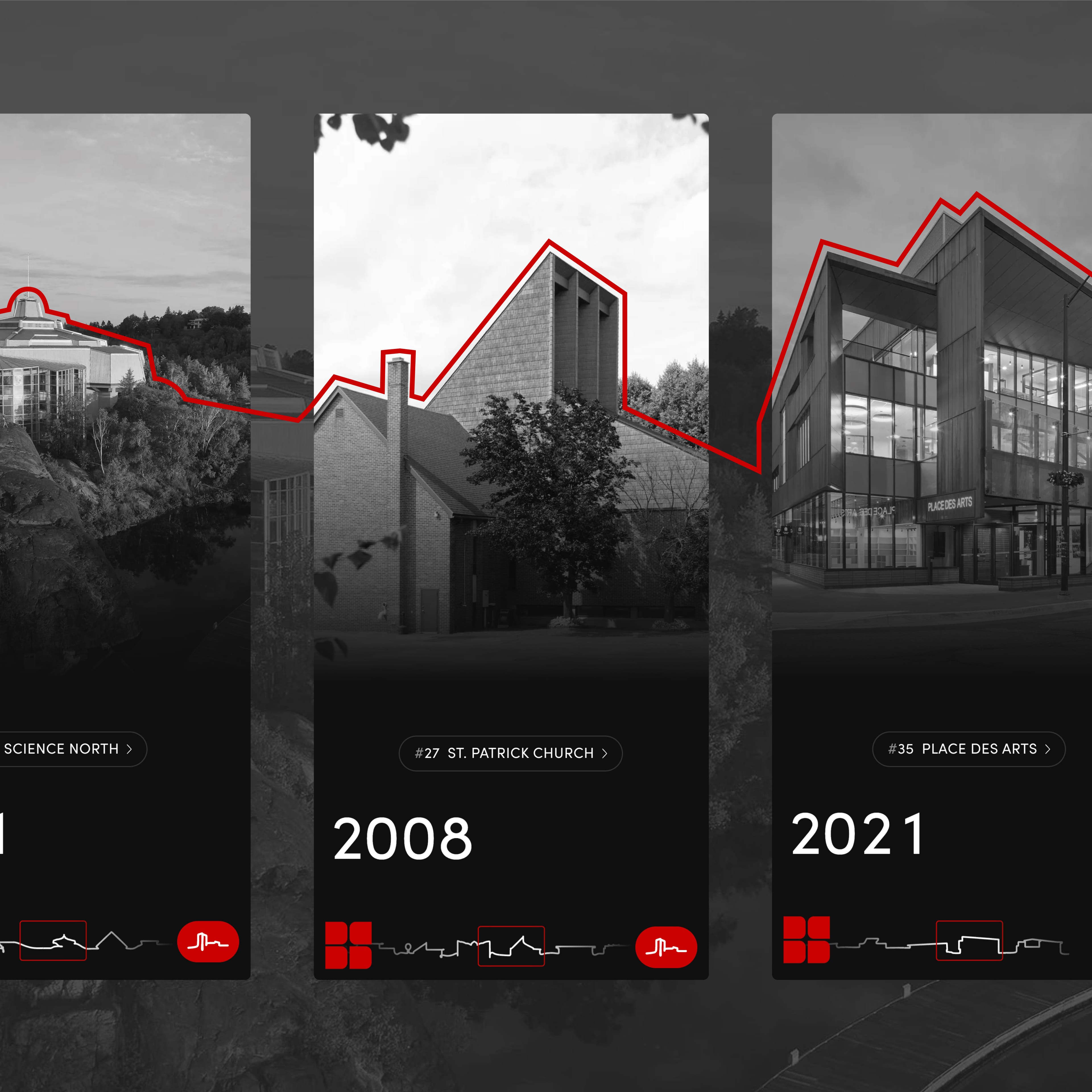 Mobile screens displaying a red line outlining rooftops