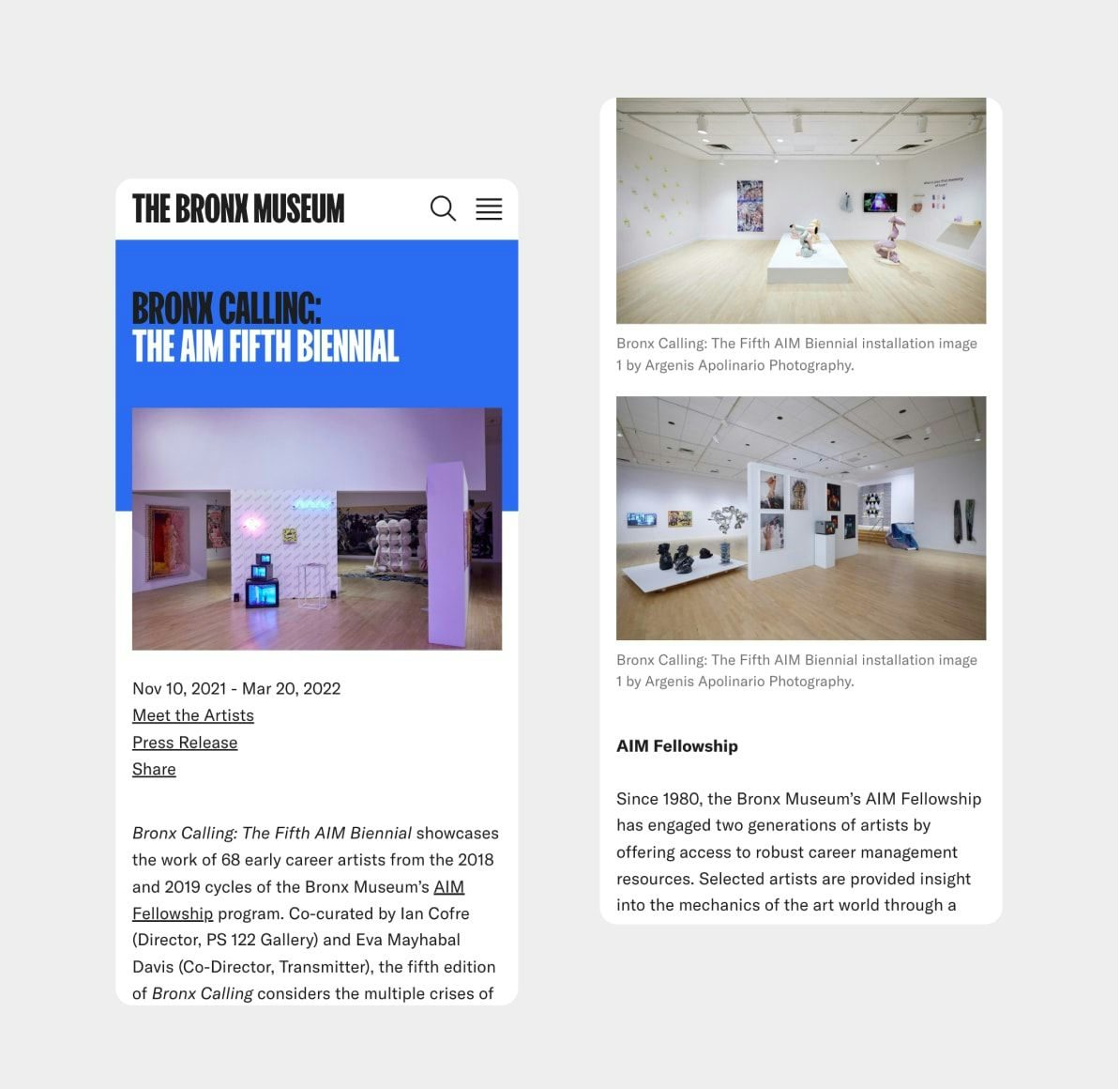Side by side mobile mockup of exhibit page on Snow Squad website