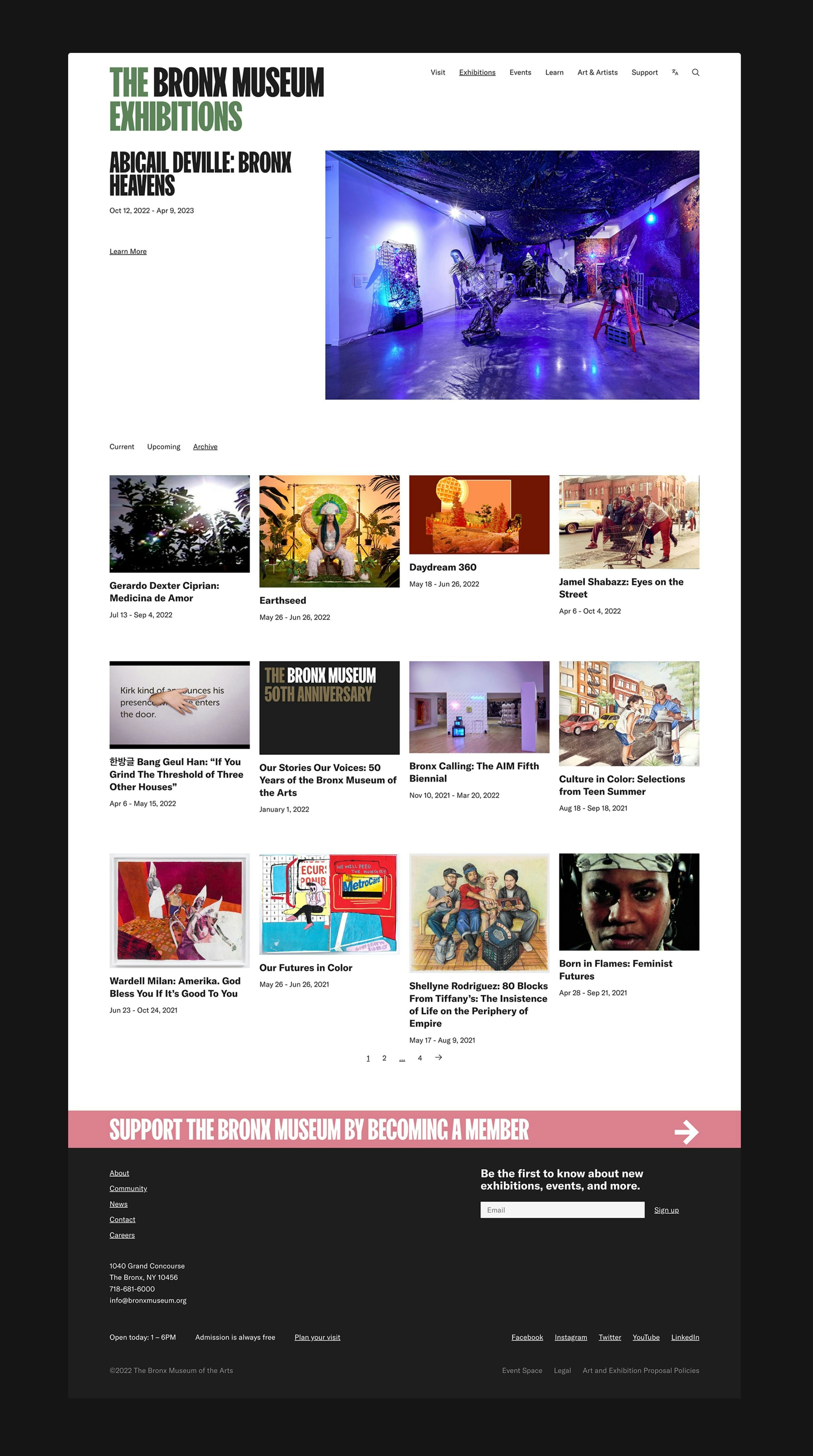 Mockup of the Exhibitions page on the Bronx Museum website