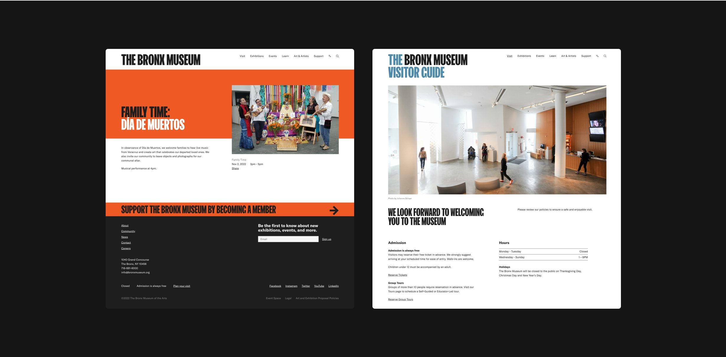 Side by side desktop mockups from the Bronx Museum website showing the Visit page as well as an exhibit page