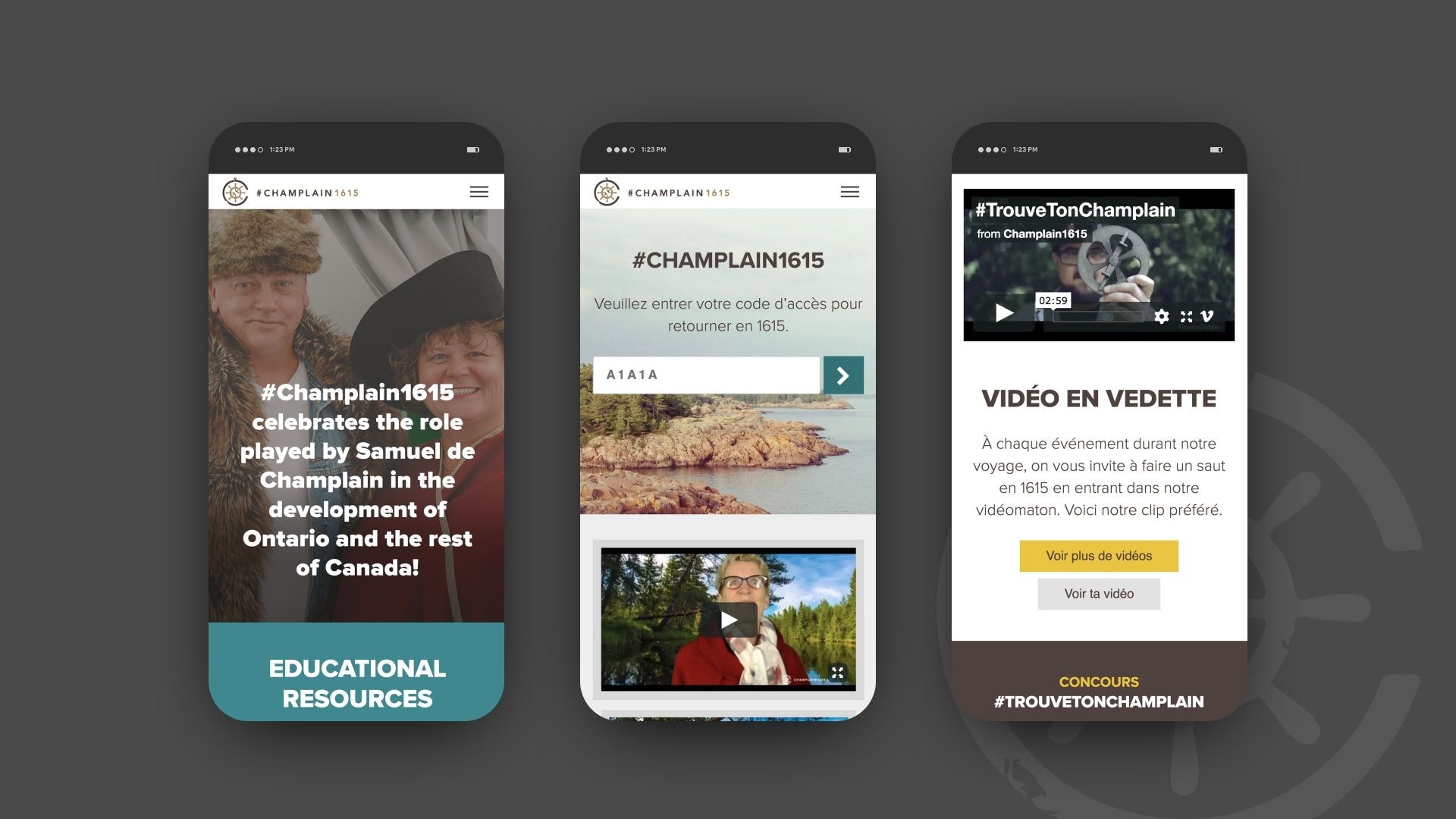 Series of mockups of Champlain1615 website on mobile device