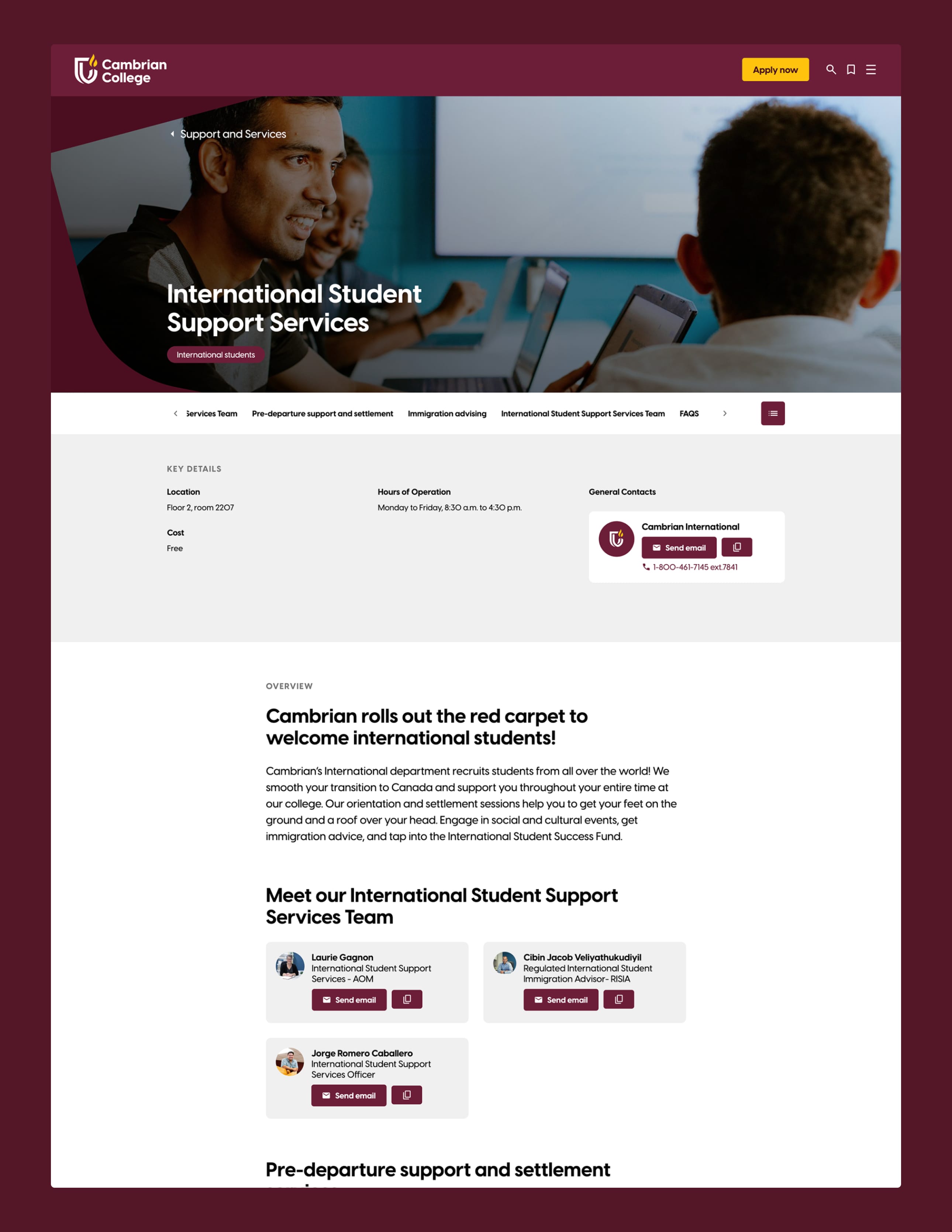 Example of International Student Support Services page