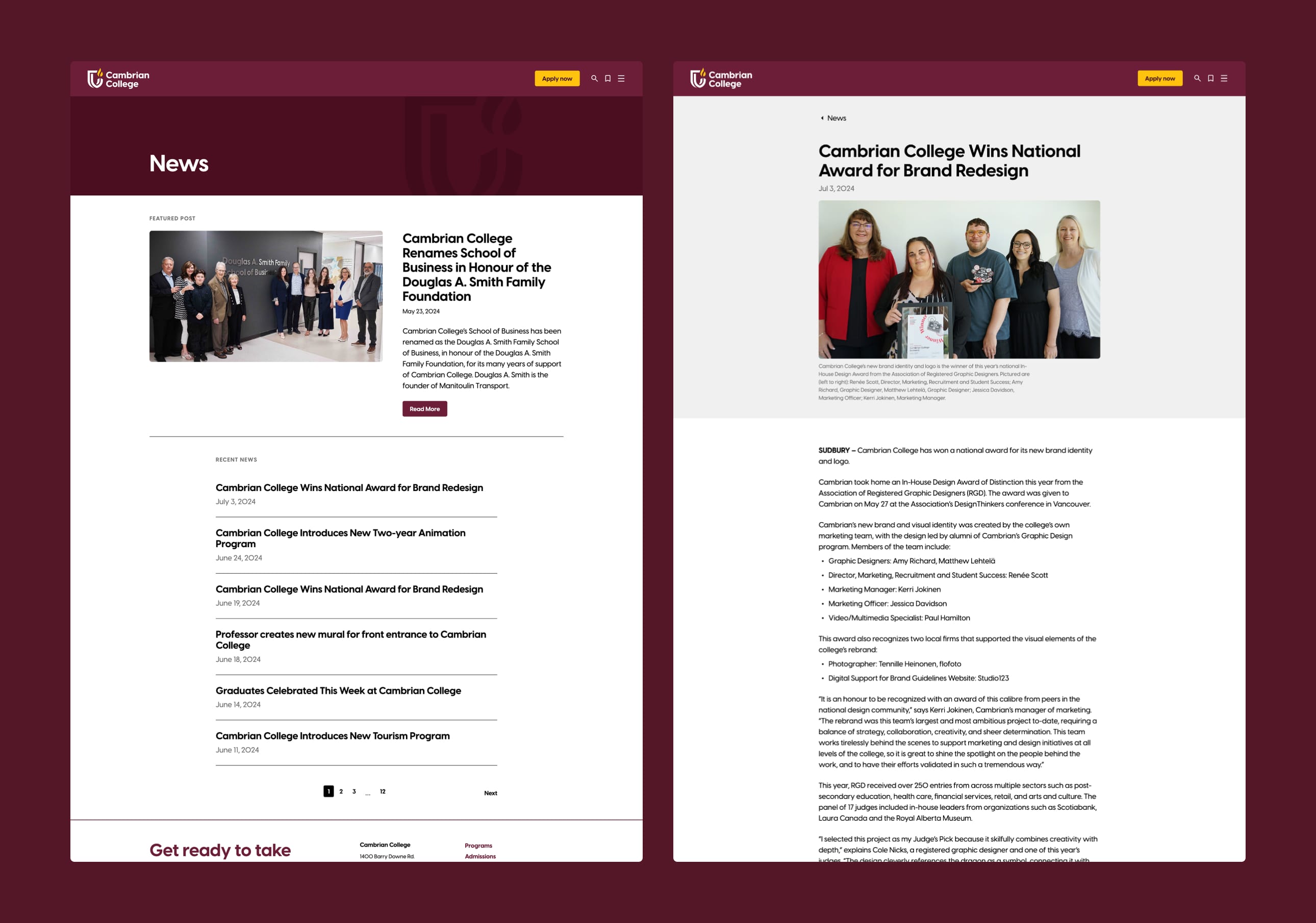 Examples of News pages on desktop