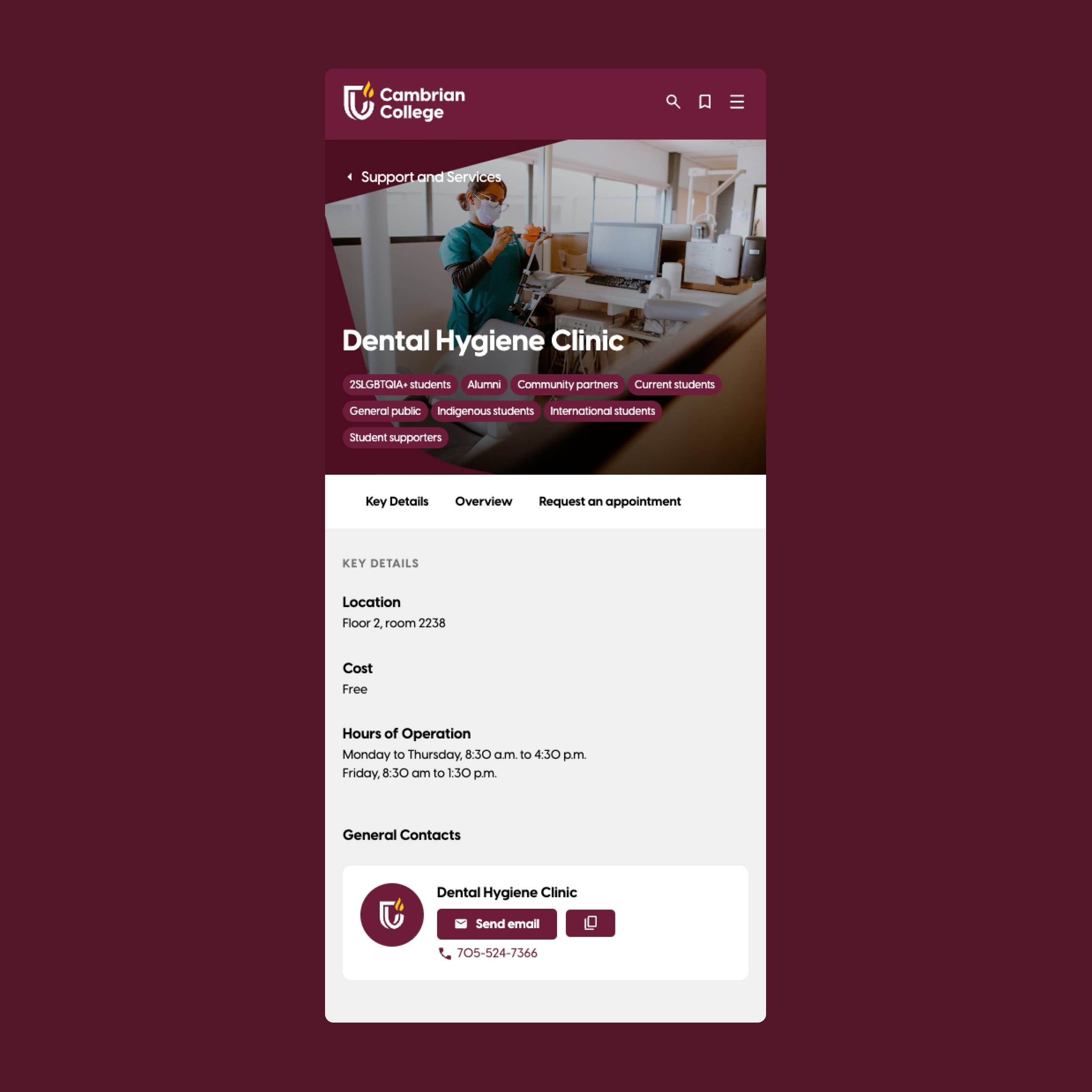 Example of Dental Hygiene Clinic service on mobile device