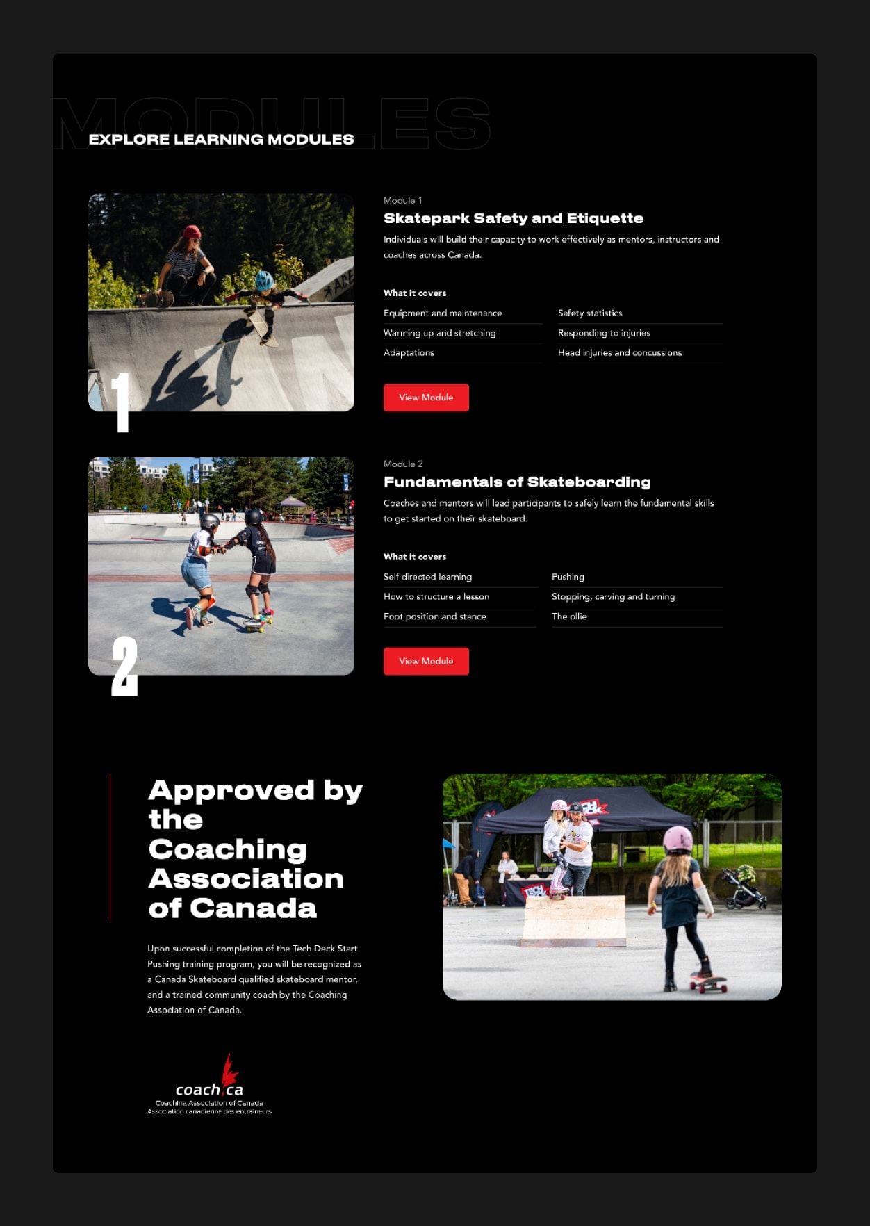 Screenshot of modules listing on Canada Skateboard's Tech Deck Start Pushing Training Program website