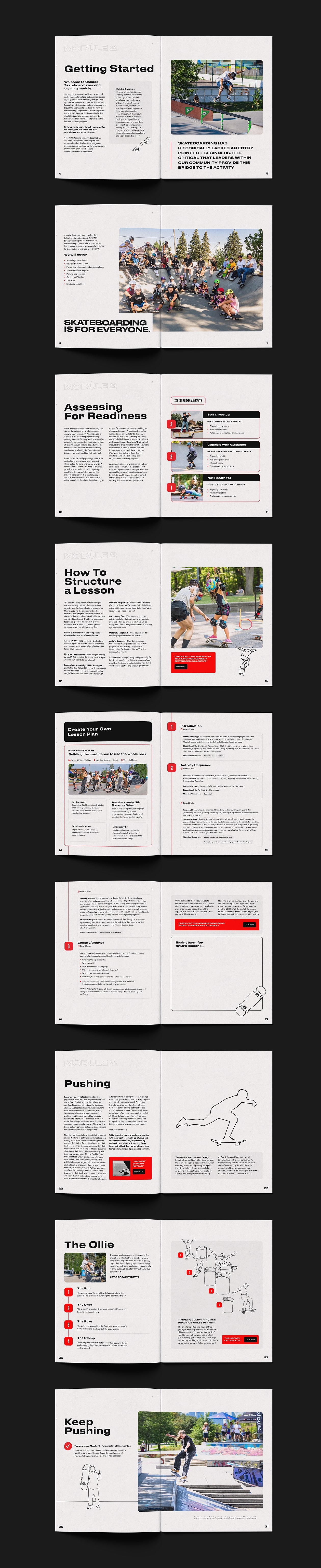 Various spreads from Canada Skateboard's Tech Deck Start Pushing Training Program print module document