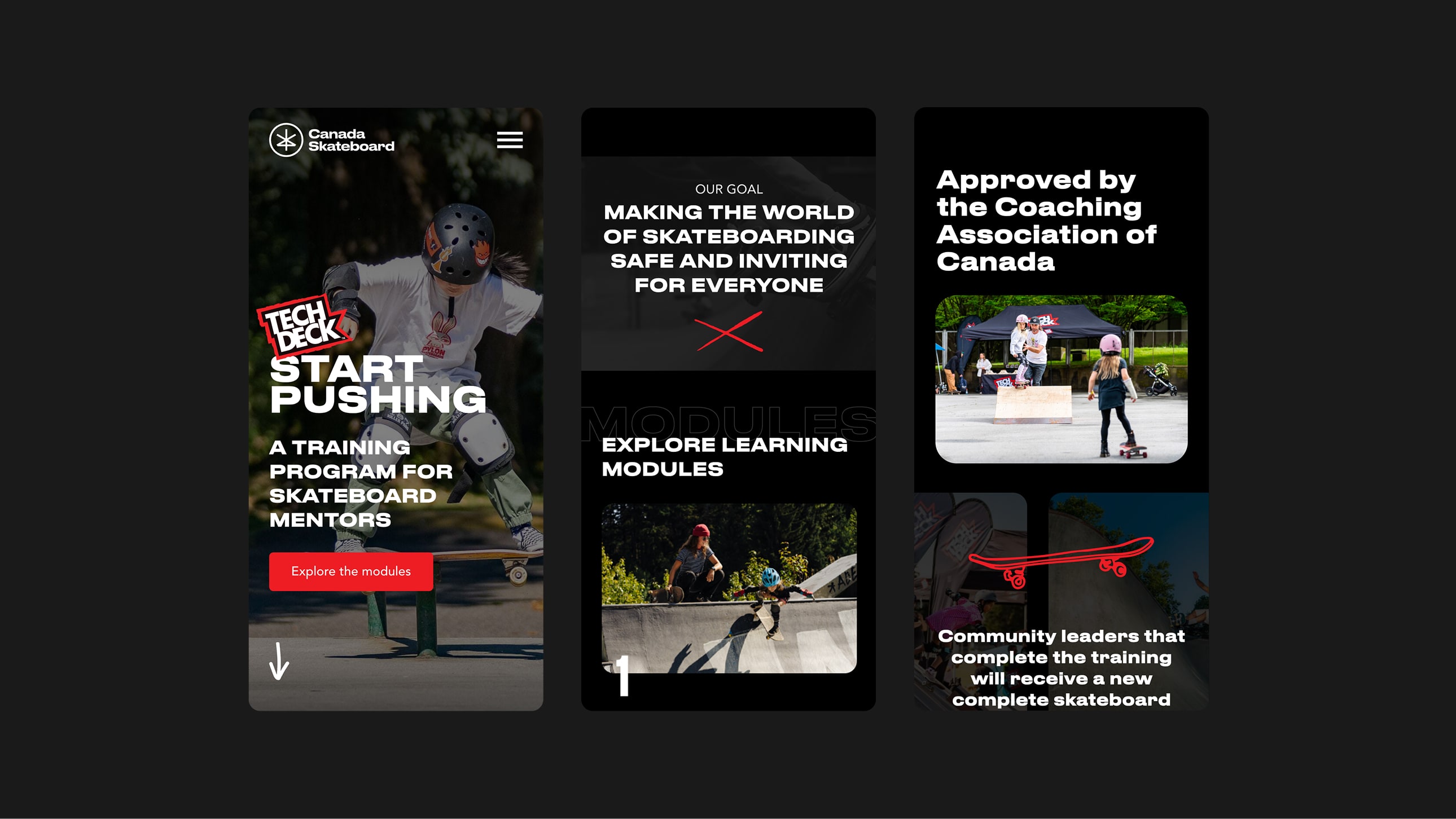 Various mobile screens of Canada Skateboard's Tech Deck Start Pushing Training Program website