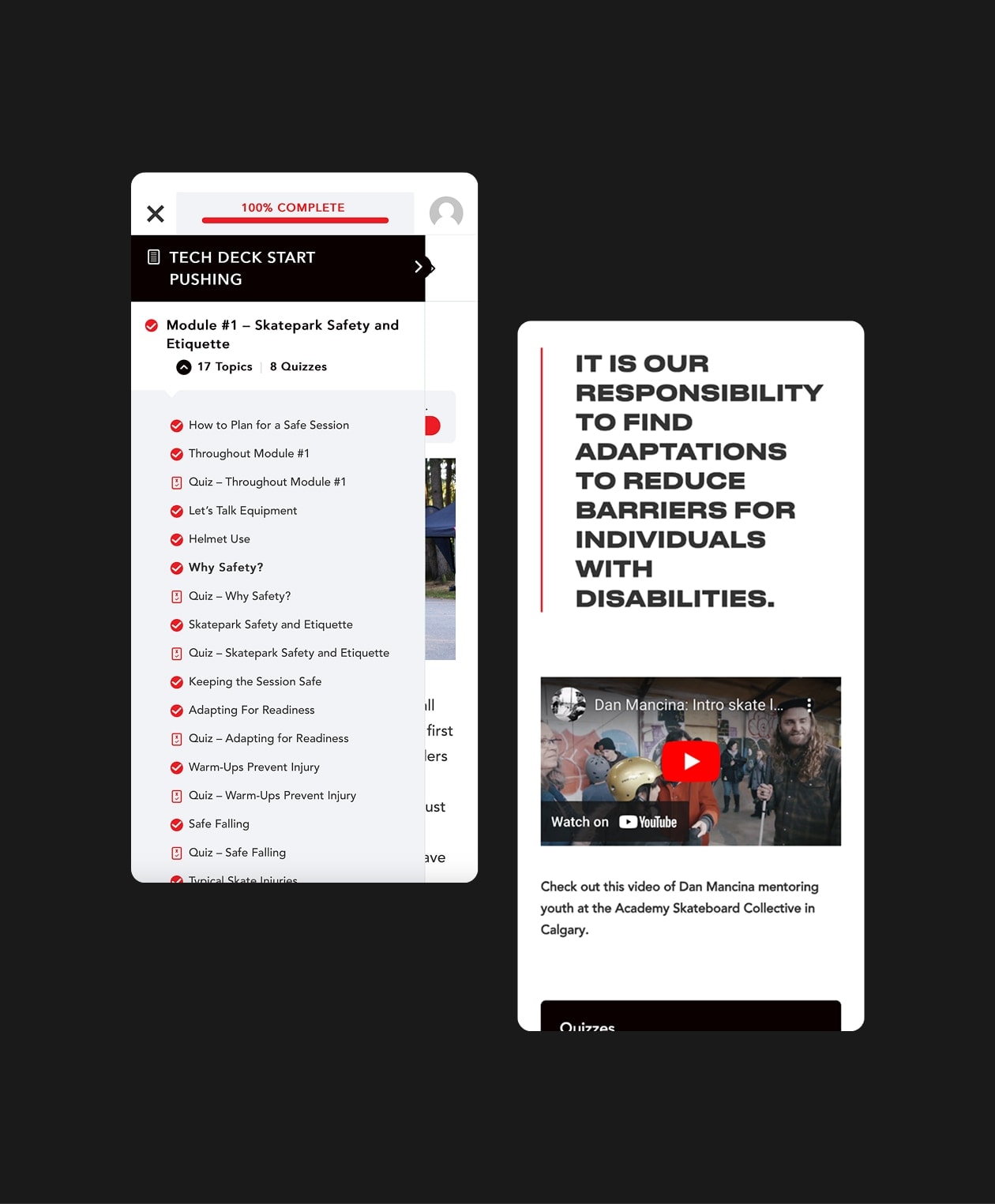 Mobile screenshots of Canada Skateboard's Tech Deck Start Pushing Training Program Learning Platform
