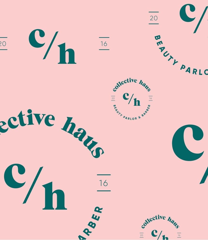 Collective Haus brand collage on pink background
